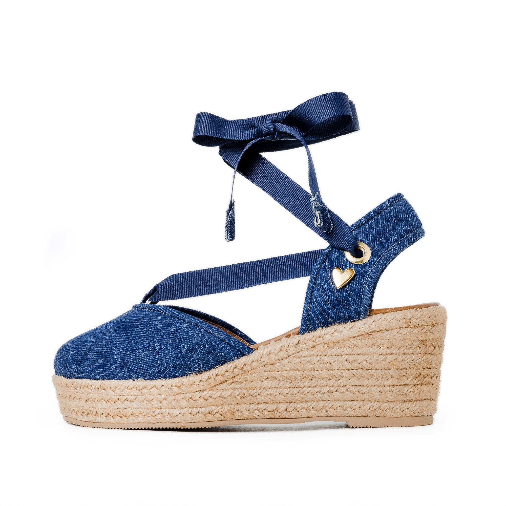 Patrizia Espadrilles - Denim Low High by Nataly Mendez, Denim upper material Lace-up style Flexible rubber sole Handmade 2.85 inch high heel 1.10 inch platform