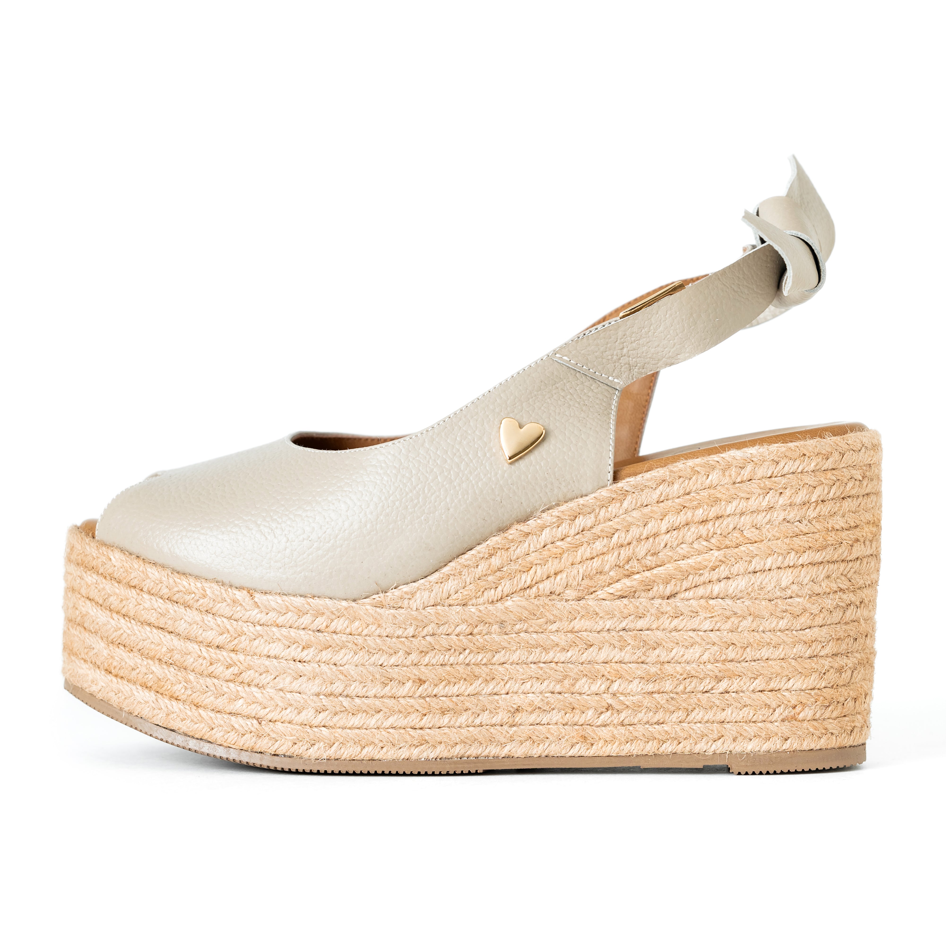 Peep Toe Taupe Espadrilles - Low High by Nataly Mendez, Natural jute base Genuine leather upper Genuine leather insole. 3.5 inch heel height 2 inch platformNatural jute base Genuine leather upper Genuine leather insole. 3.5 inch heel height 2 inch platform