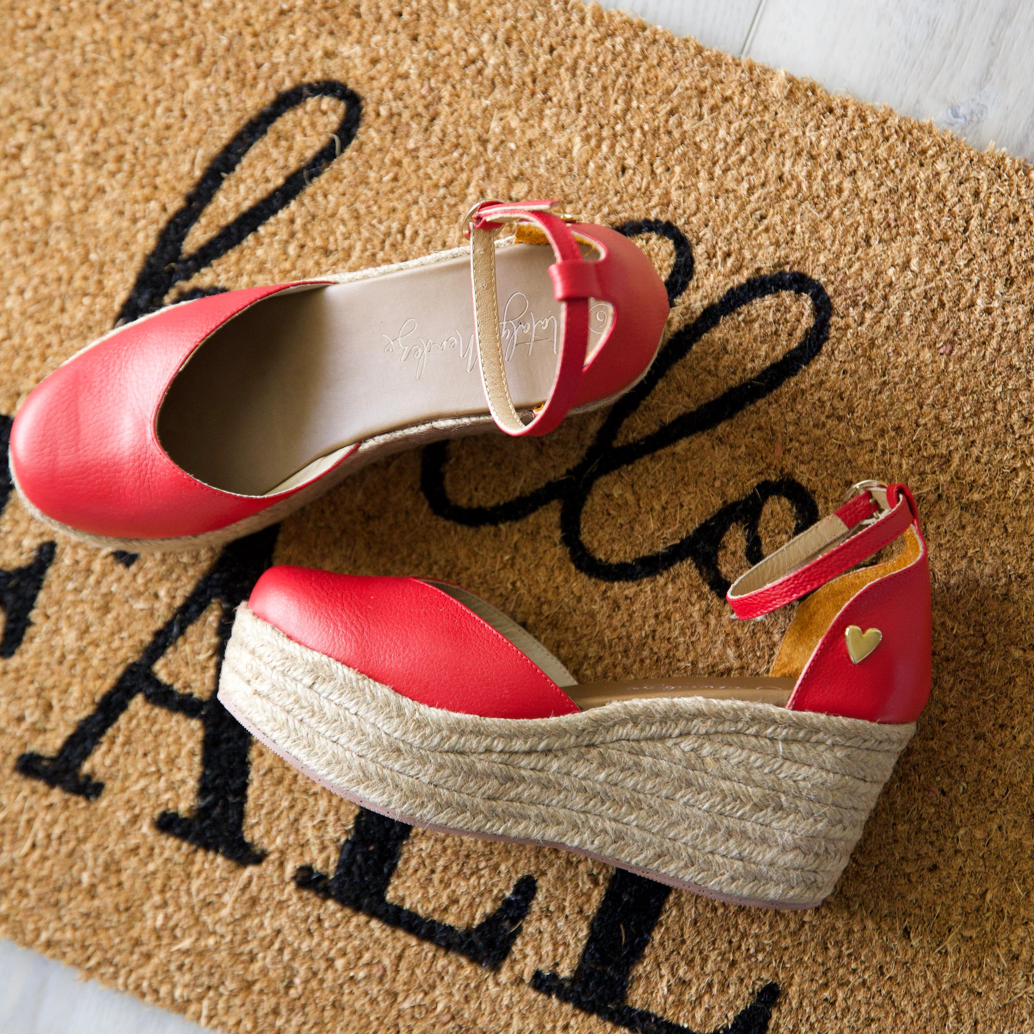 Red Leather Espadrilles by Nataly Mendez, Natural jute base, genuine leather upper, Genuine leather insole, Dual design (includes strap and lace), 3 inch heel height, 1.75 inch platform