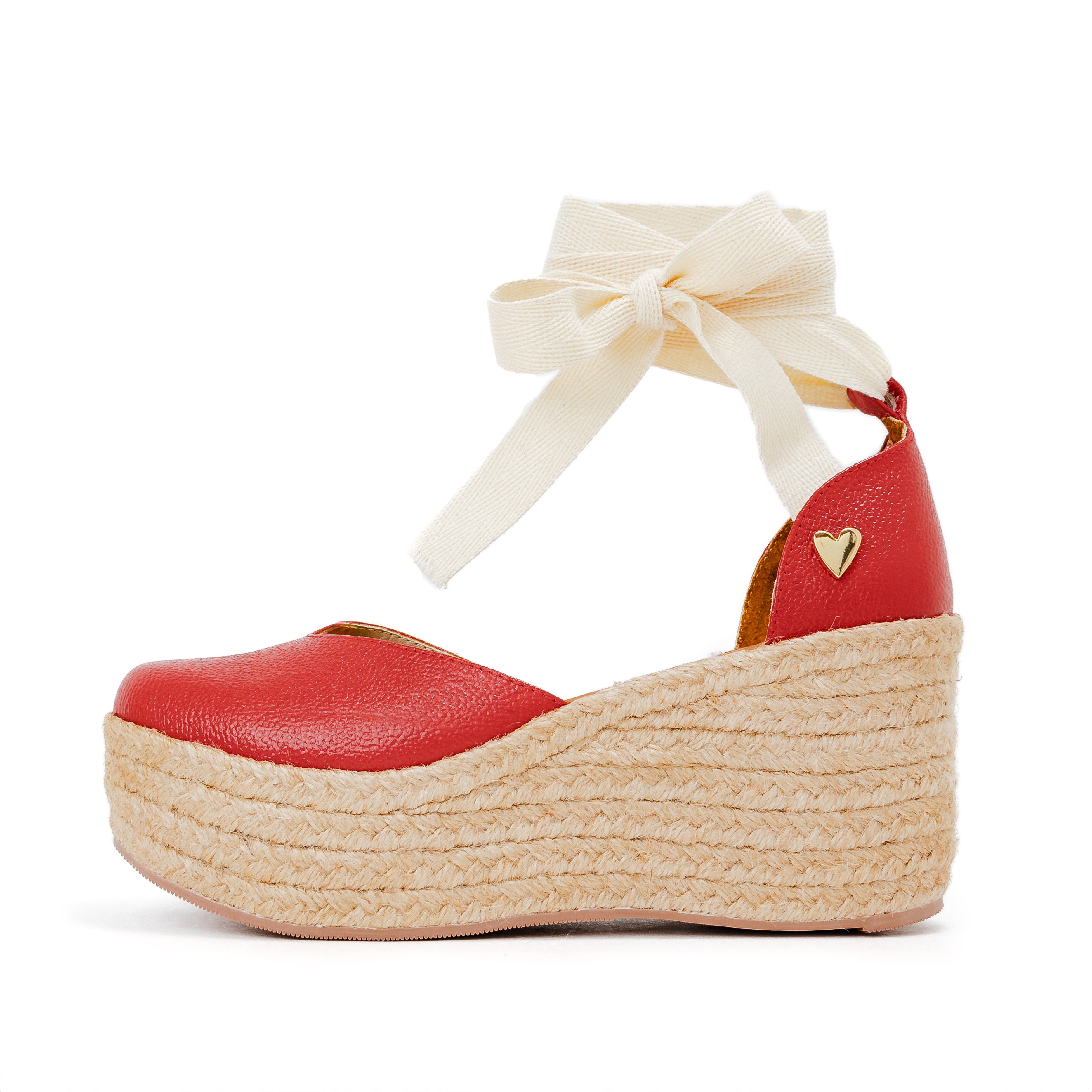 Red Leather Espadrilles by Nataly Mendez, Natural jute base, genuine leather upper, Genuine leather insole, Dual design (includes strap and lace), 3 inch heel height, 1.75 inch platform