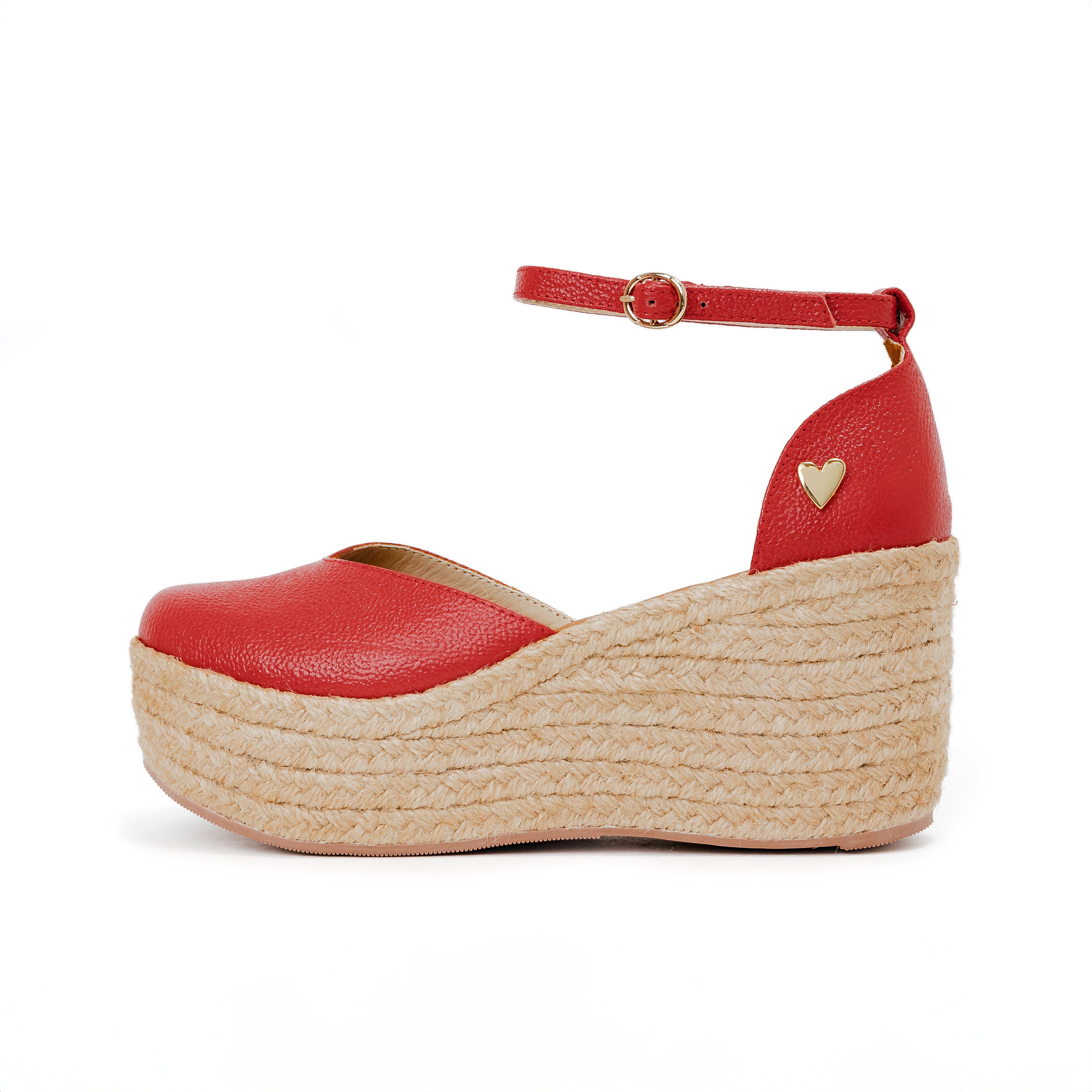 Red Leather Espadrilles by Nataly Mendez, Natural jute base, genuine leather upper, Genuine leather insole, Dual design (includes strap and lace), 3 inch heel height, 1.75 inch platform