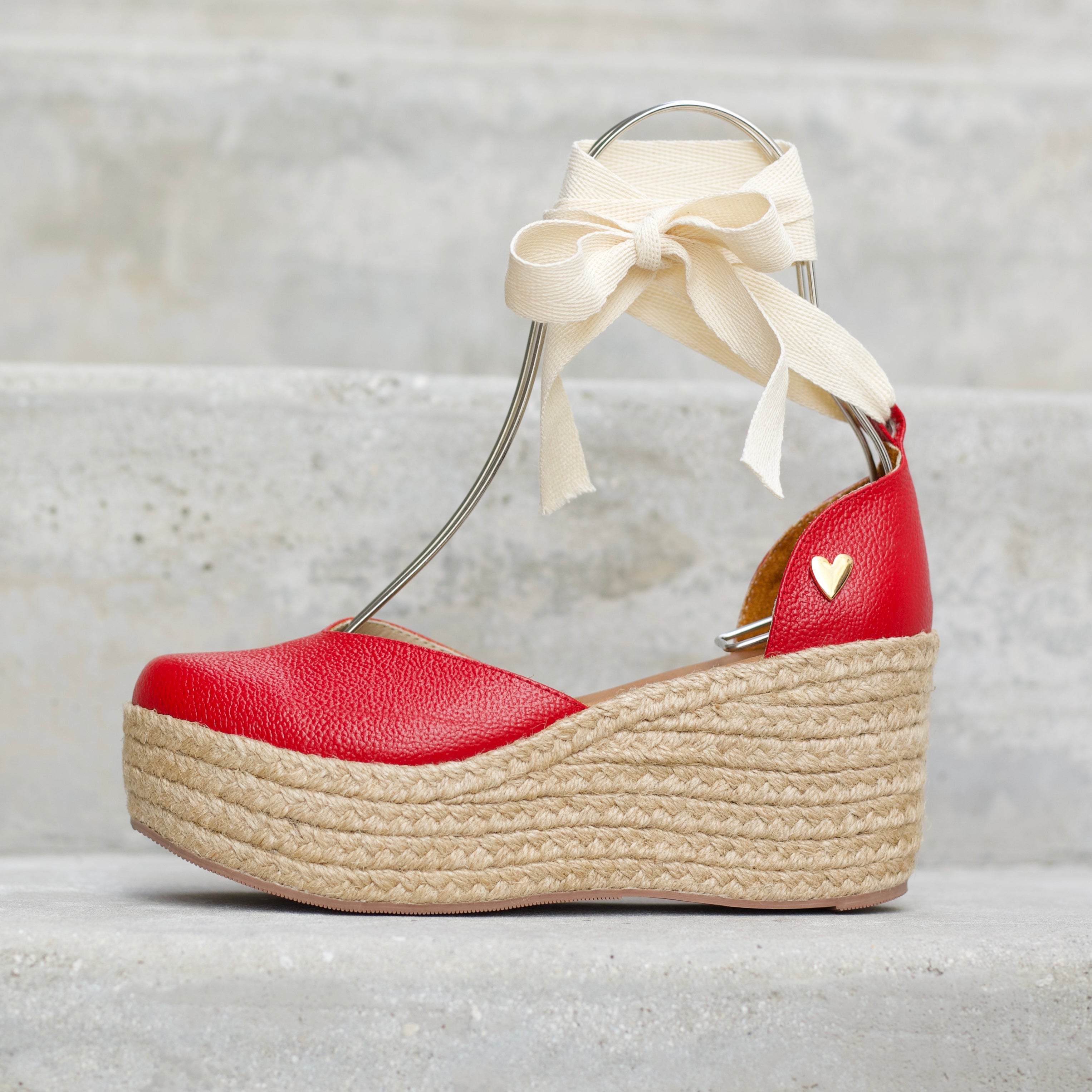 Red Leather Espadrilles by Nataly Mendez, Natural jute base, genuine leather upper, Genuine leather insole, Dual design (includes strap and lace), 3 inch heel height, 1.75 inch platform