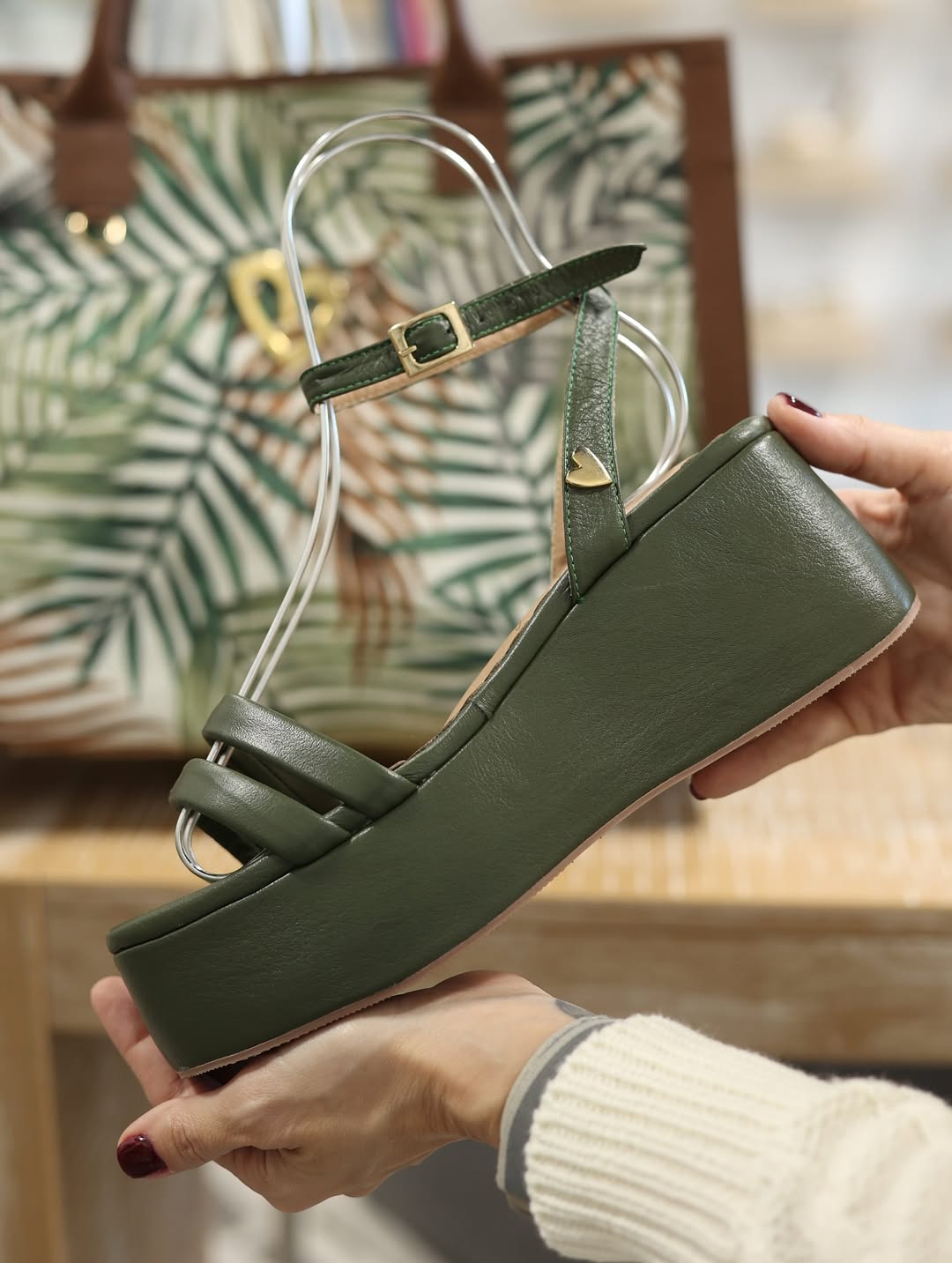 Reese Sandals - Green by Nataly Mendez, Genuine leather upper material, Leather insole lining, 2.75 inch heel height, 2.2 inch platform