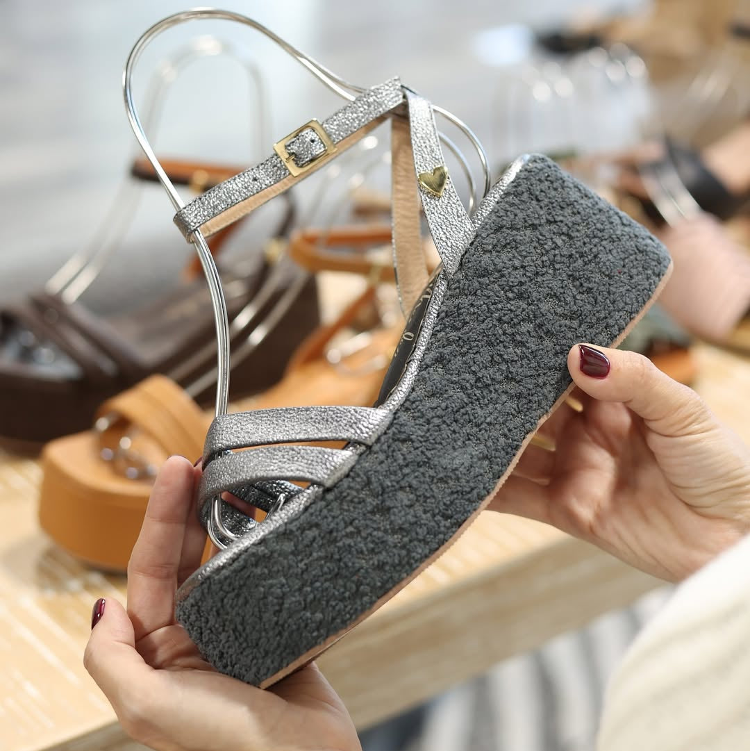 Reese Sandals - Gray by Nataly Mendez, Jute upper material, Leather insole lining, 2.75 inch heel height, 2.2 inch platform