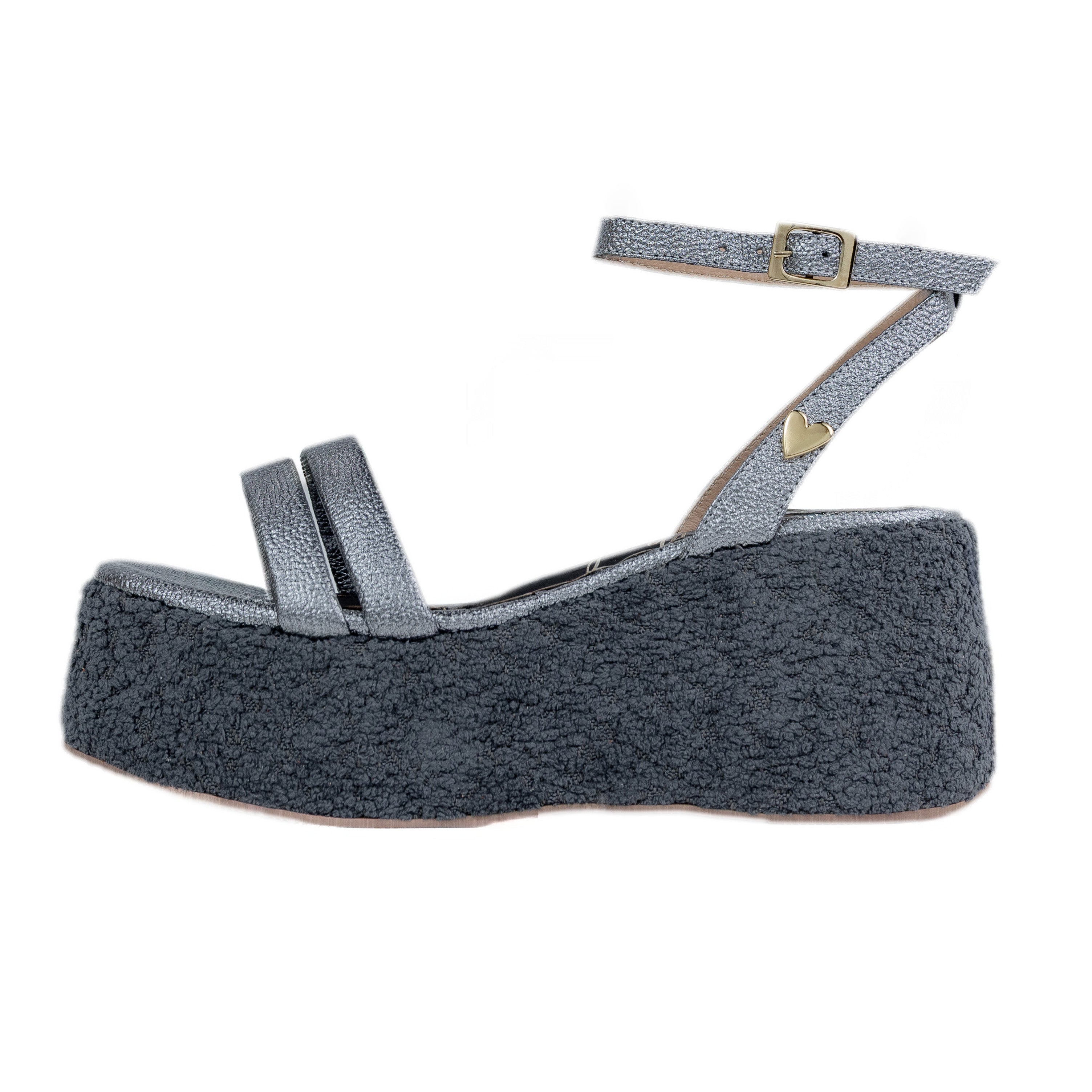 Reese Sandals - Silver by Nataly Mendez, Genuine leather upper material, Leather insole lining, Fabric covered platform, 2.75 inch heel height, 2.2 inch platform