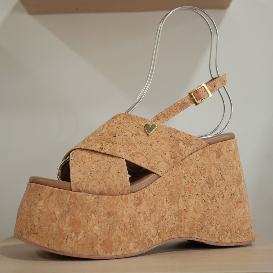 Roxanne Sandals - Cork by Nataly Mendez, Genuine leather upper material, Leather insole lining, Lightweight cork platform, 4.5 inch heel height, 2.2 inch platform