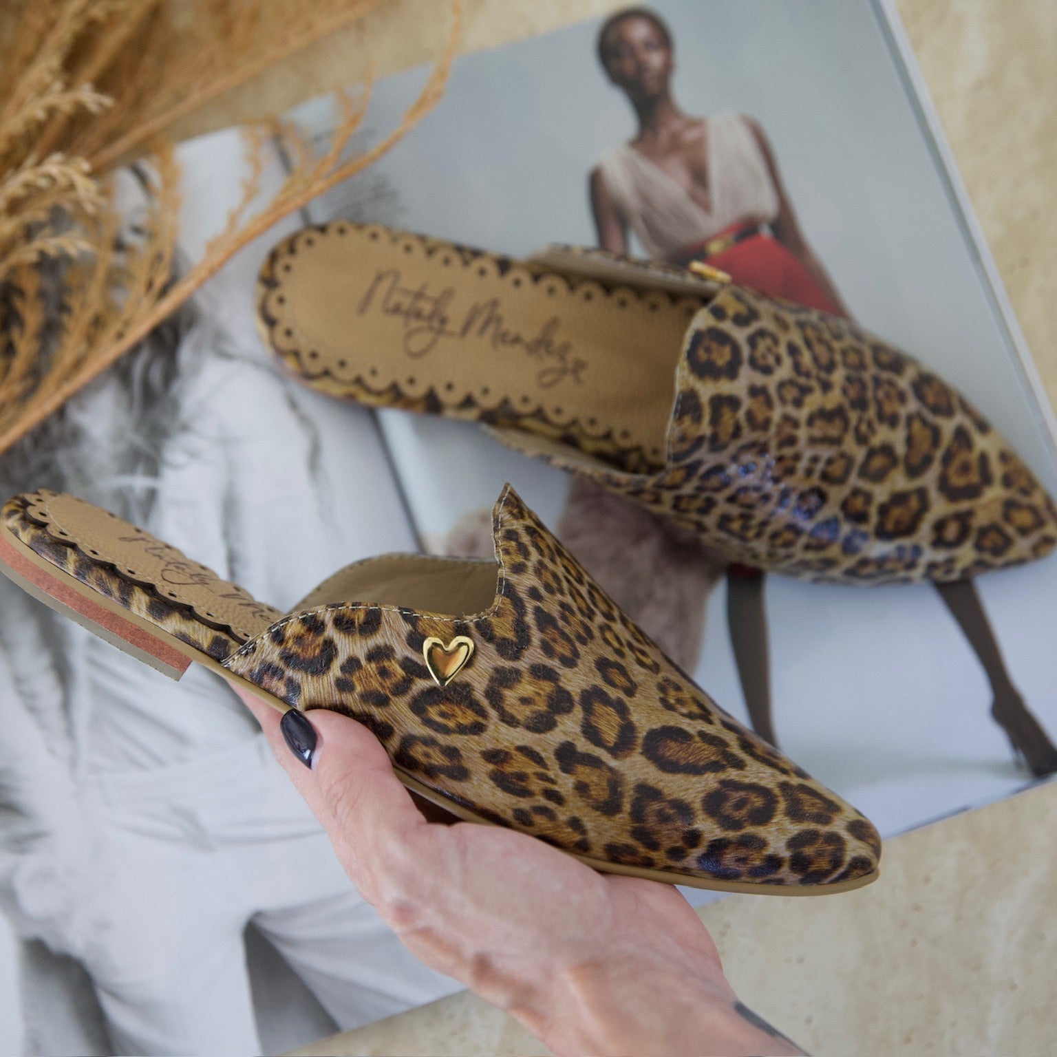 Sadie Mules - Leopard by Nataly Mendez, Fabric upper material, Insole lining made of leather, Heel height .5 cm, Handmade.