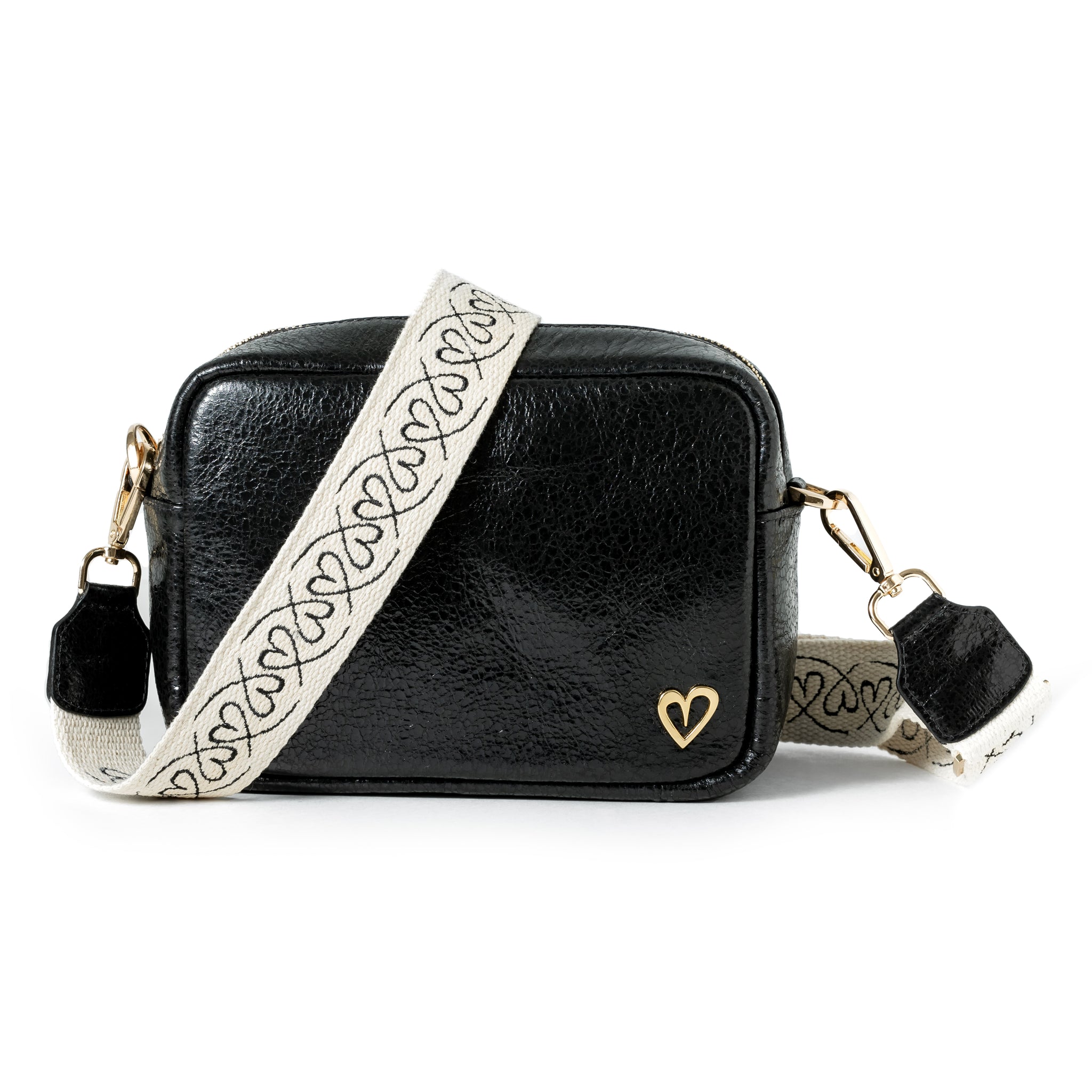 Carlotha Dual Bag - Black by Nataly Mendez, Genuine Leather Adjustable 25 CM x 20 CM x 10 CM Gold Heart Incluye strap corto de mano y strap largo