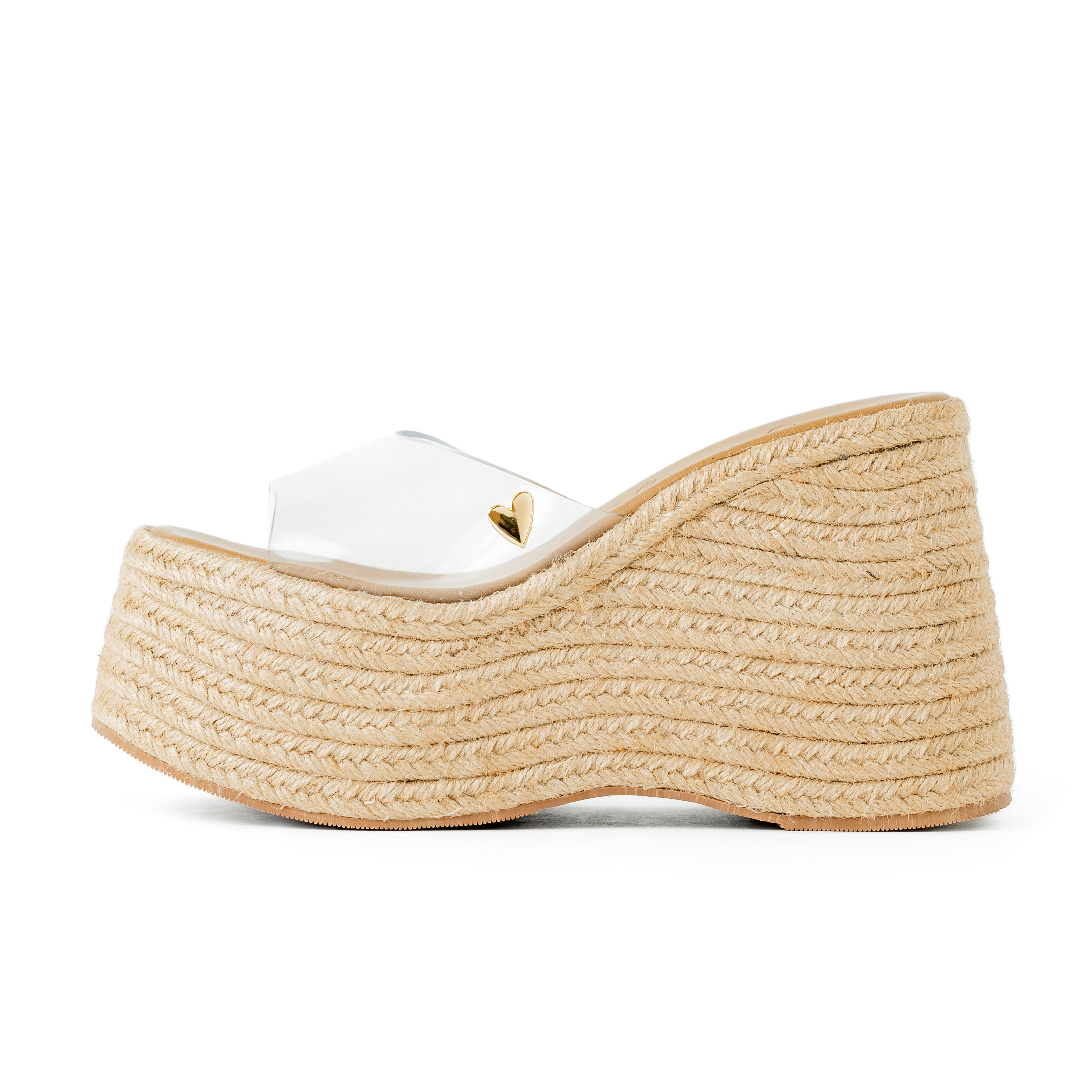 Emma Clear Espadrilles by Nataly Mendez, Squared tip Vinyl upper material Genuine leather insole lining Flexible rubber sole Handmade 4.5 inch high heel 2.4 inch platform