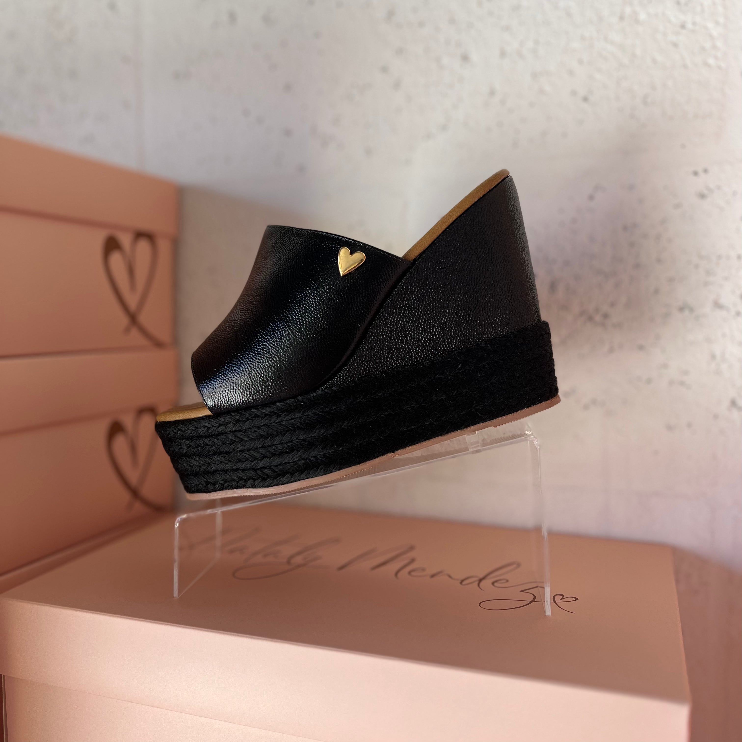 Katya Sandals Black - Leather by Nataly Mendez, Squared tip Genuine leather upper material Genuine leather insole lining Flexible rubber sole Handmade 4.75 inch high heel 1.5 inch platform