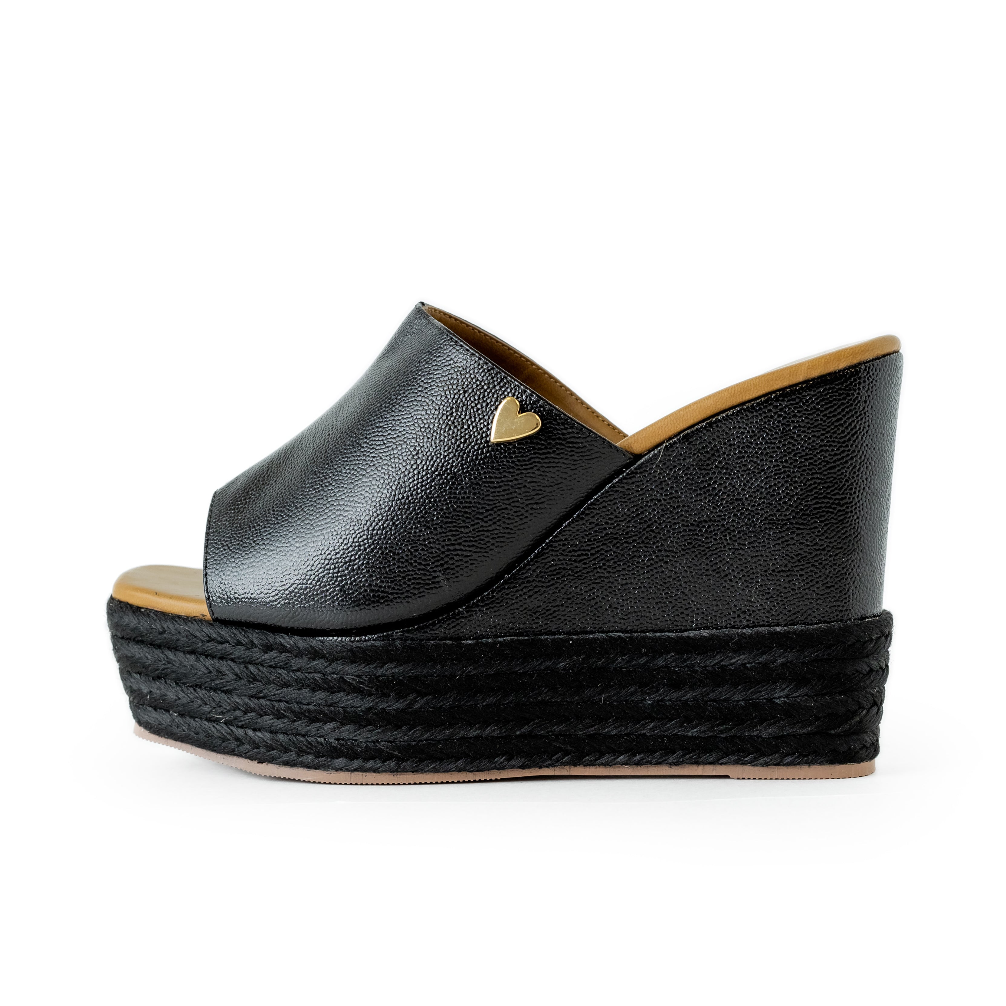 Katya Sandals Black - Leather by Nataly Mendez, Squared tip Genuine leather upper material Genuine leather insole lining Flexible rubber sole Handmade 4.75 inch high heel 1.5 inch platform