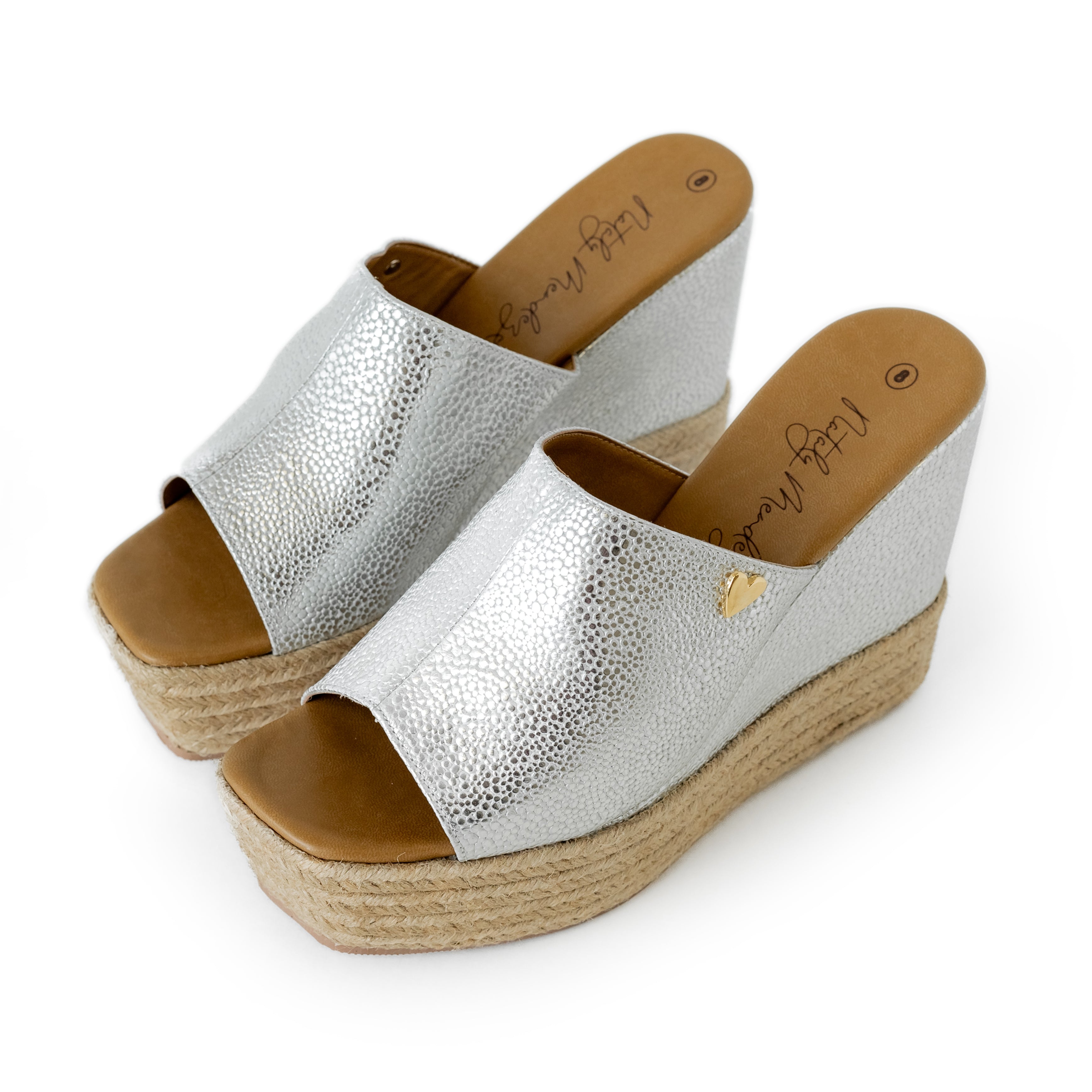 Katya Sandals Silver - Leather by Nataly Mendez, Squared tip Genuine leather upper material Genuine leather insole lining Flexible rubber sole Handmade 4.75 inch high heel 1.5 inch platform