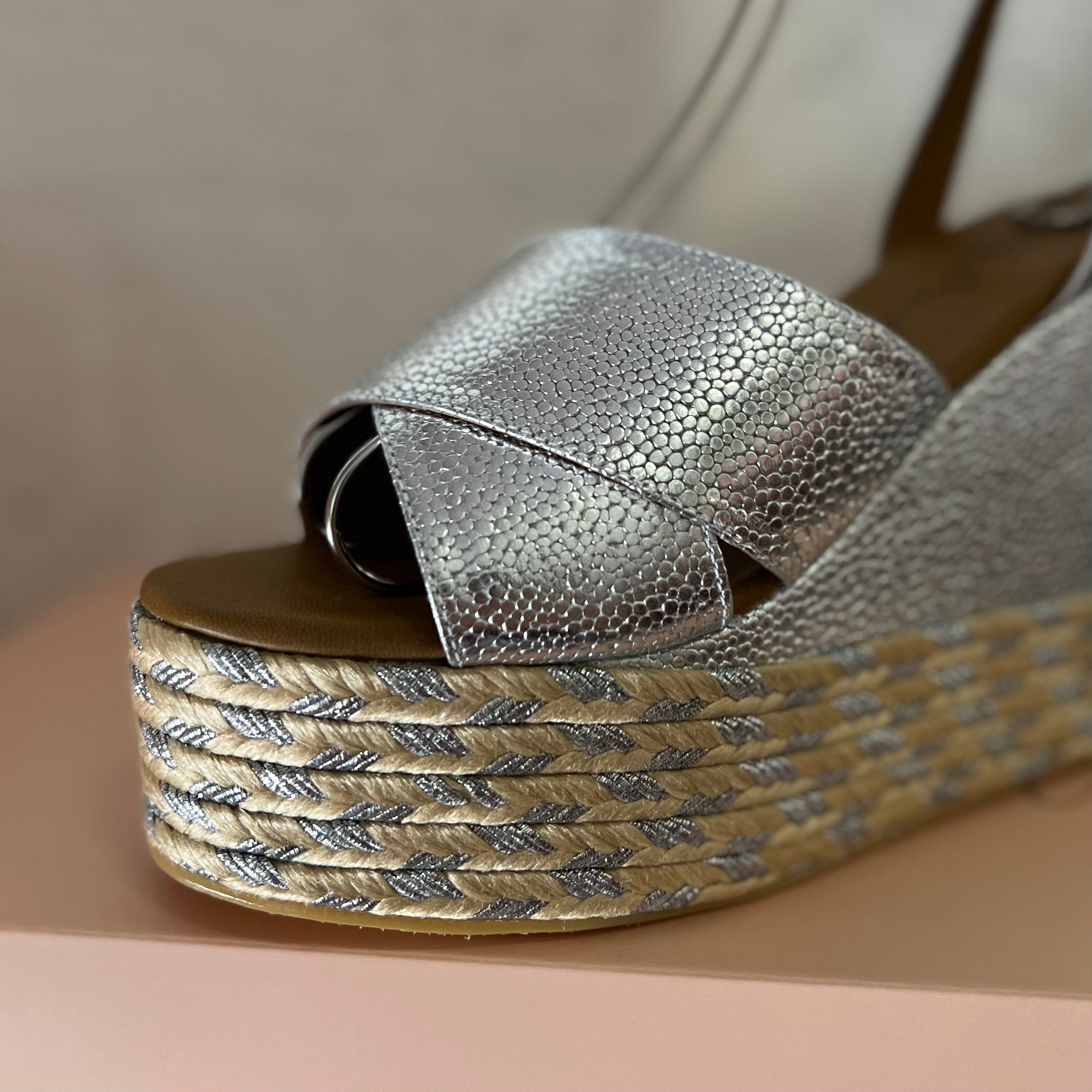 Masha Sandals Silver - Leather by Nataly Mendez, Genuine leather upper material Genuine leather insole lining Flexible rubber sole Handmade 4.75 inch high heel 1.5 inch platform