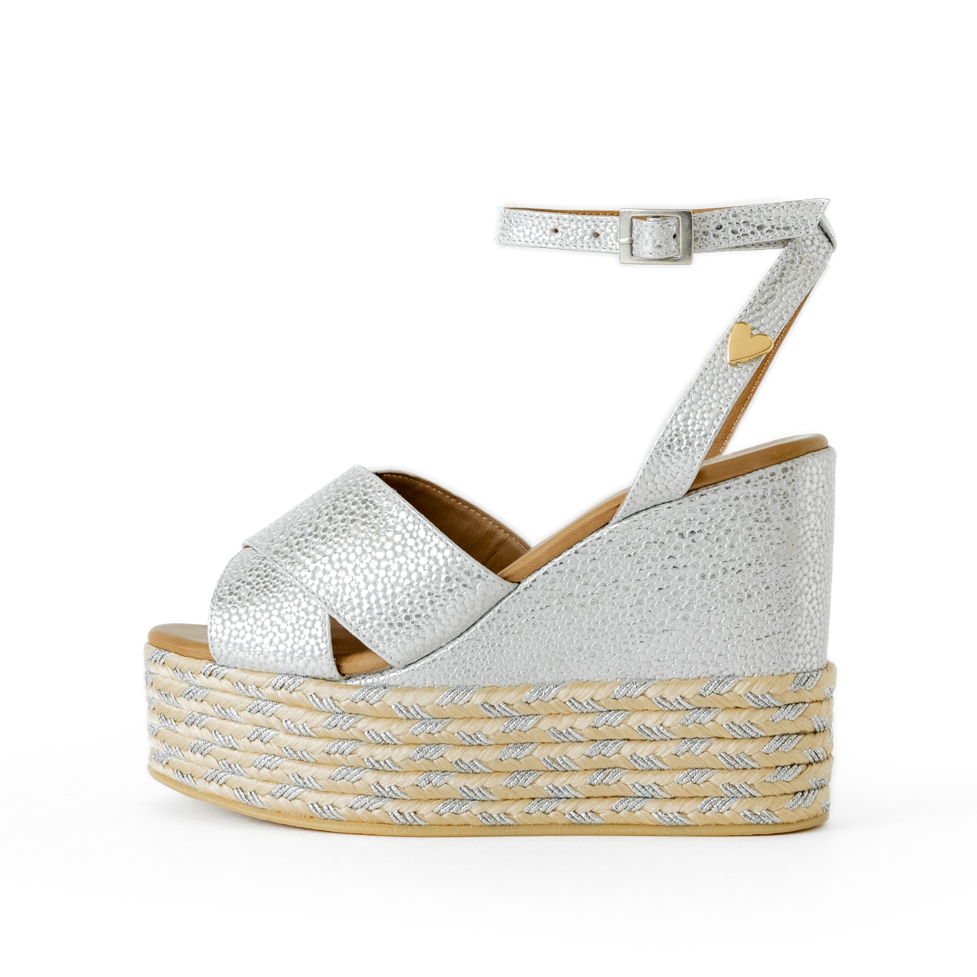 Masha Sandals Silver - Leather by Nataly Mendez, Genuine leather upper material Genuine leather insole lining Flexible rubber sole Handmade 4.75 inch high heel 1.5 inch platform