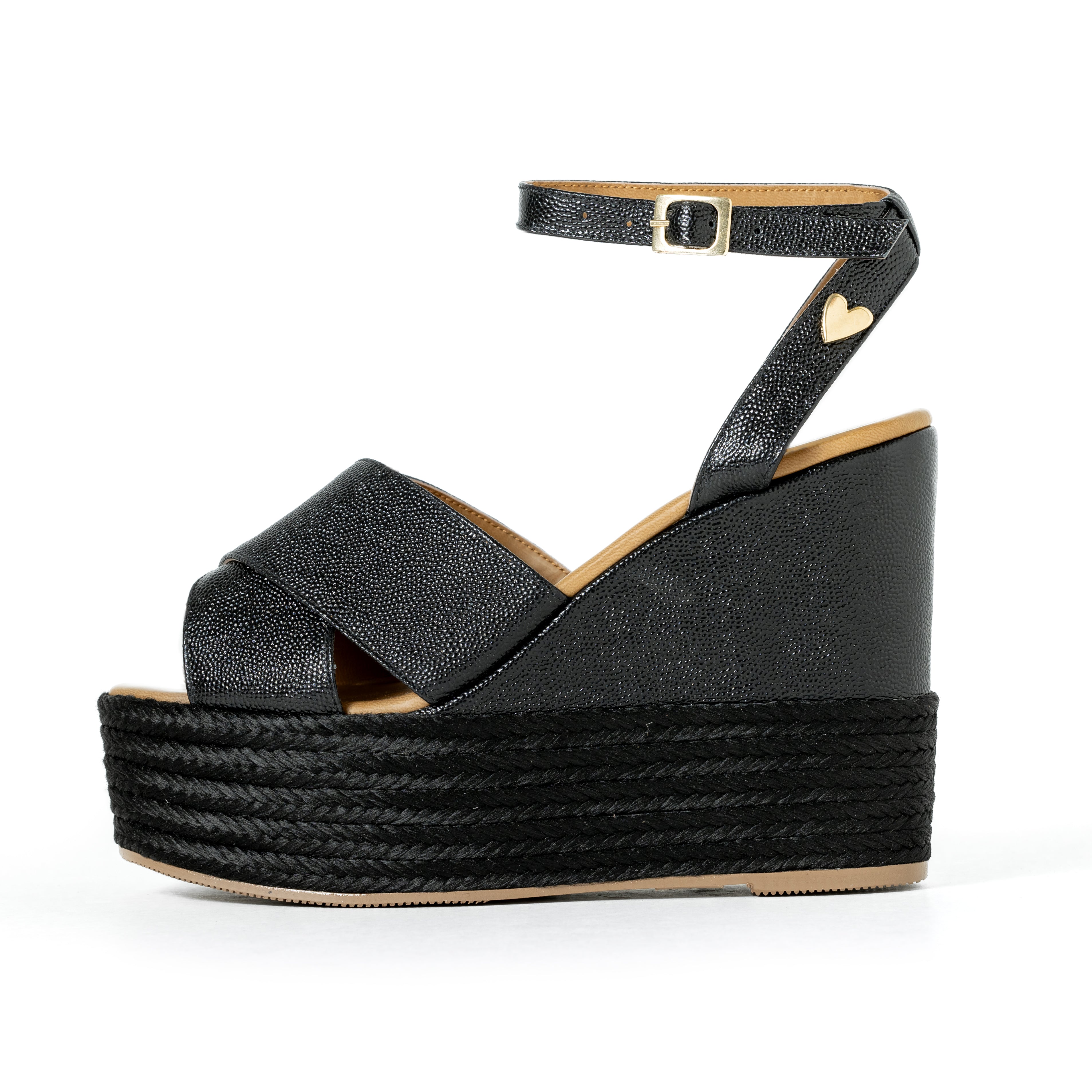 Masha Sandals Total Black - Leather by Nataly Mendez, Genuine leather upper material Genuine leather insole lining Flexible rubber sole Handmade 4.75 inch high heel 1.5 inch platform