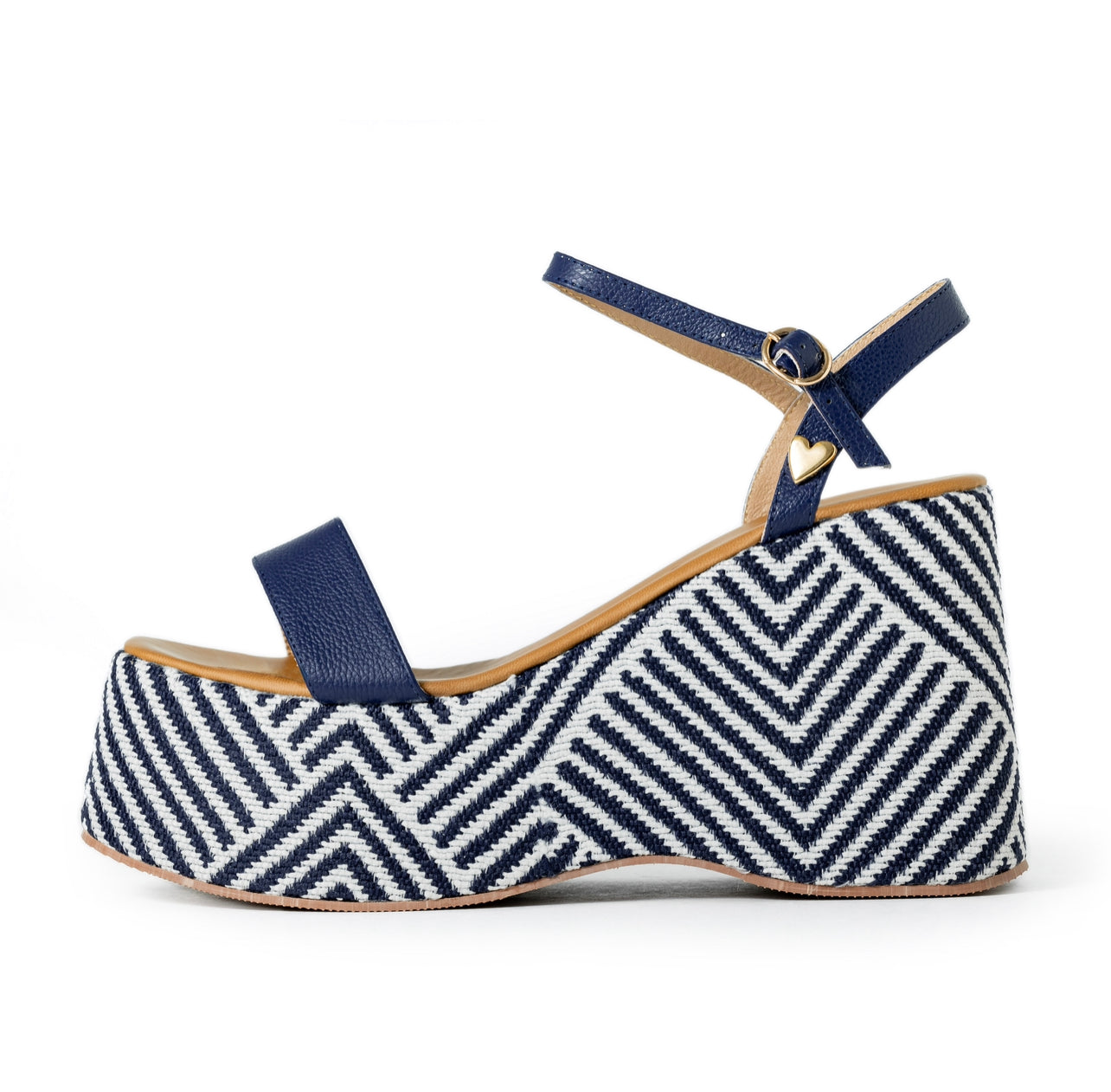 Olivia Blue Stripes Sandals by Nataly Mendez, Squared tip  Genuine leather;upper material  Fabric Lined Platform  Genuine leather insole lining  Flexible rubber sole  Handmade  4 inch high heel  2 inch platform