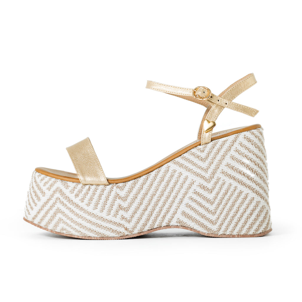 Olivia Gold Stripes Sandals by Nataly Mendez, Squared tip Genuine leather;upper material Fabric Lined Platform Genuine leather insole lining Flexible rubber sole Handmade 4 inch high heel 2 inch platform