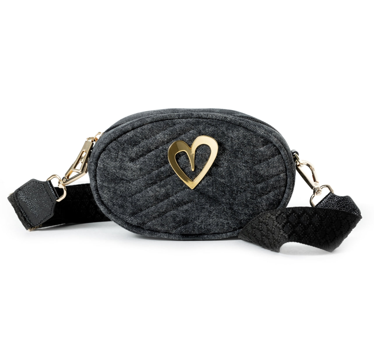 Pamela Bag by Nataly Mendez FEATURES  Denim fabric Adjustable 5" x 7" Gold Heart Medida del cinturón: 42.5” Incluye correa y strap. 