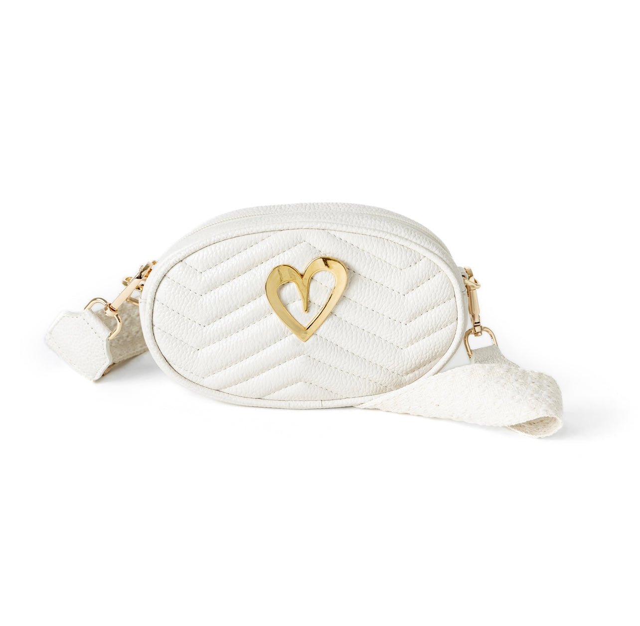 Pamela Multi Bag - Ivory by Nataly Mendez, Genuine Leather Adjustable 5" x 7" Gold Heart Medida del cinturón: 42.5” Incluye correa y strap.