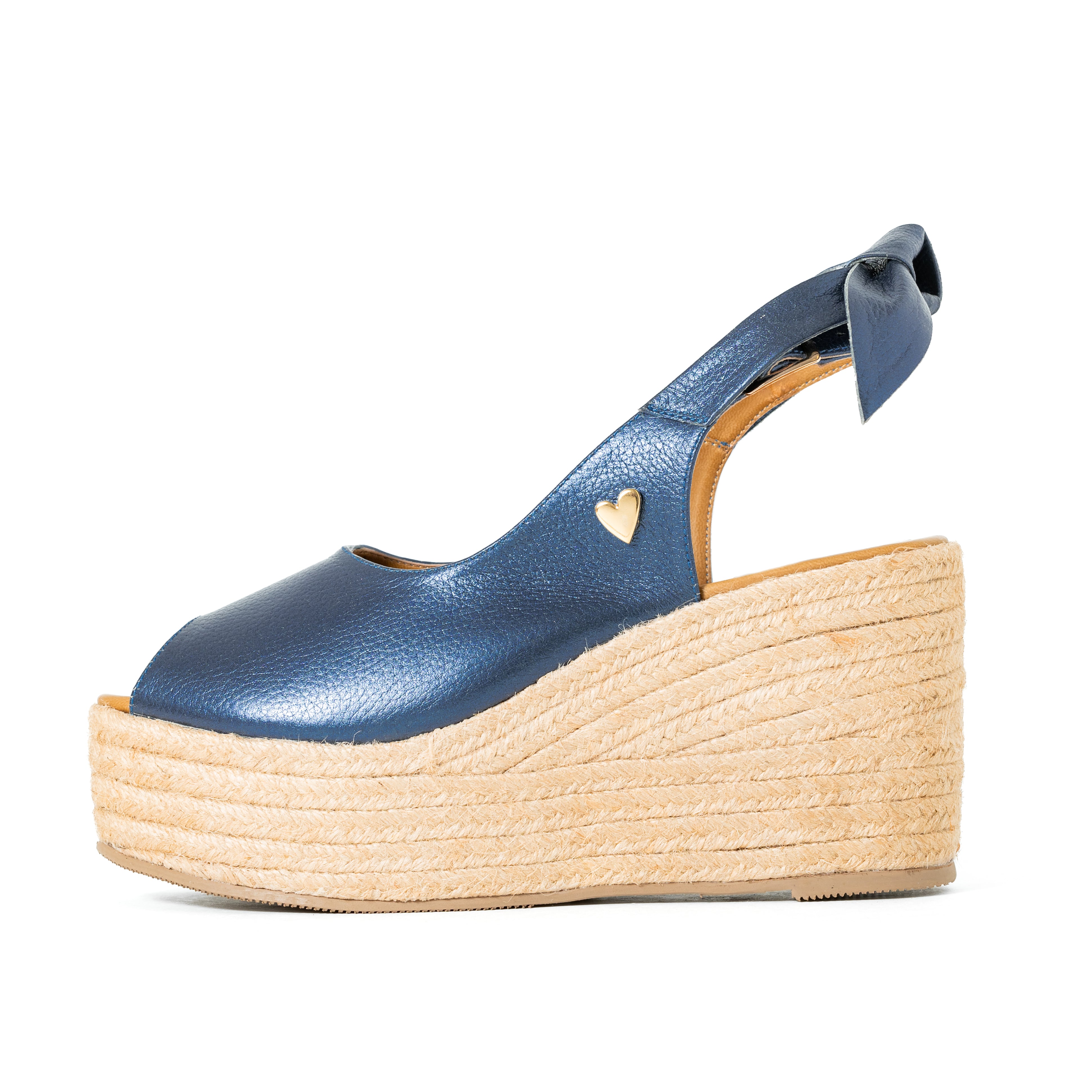 Peep Toe Blue Espadrilles - Low High by Nataly Mendez, Natural jute base Genuine leather upper Genuine leather insole. 3.5 inch heel height 2 inch platform