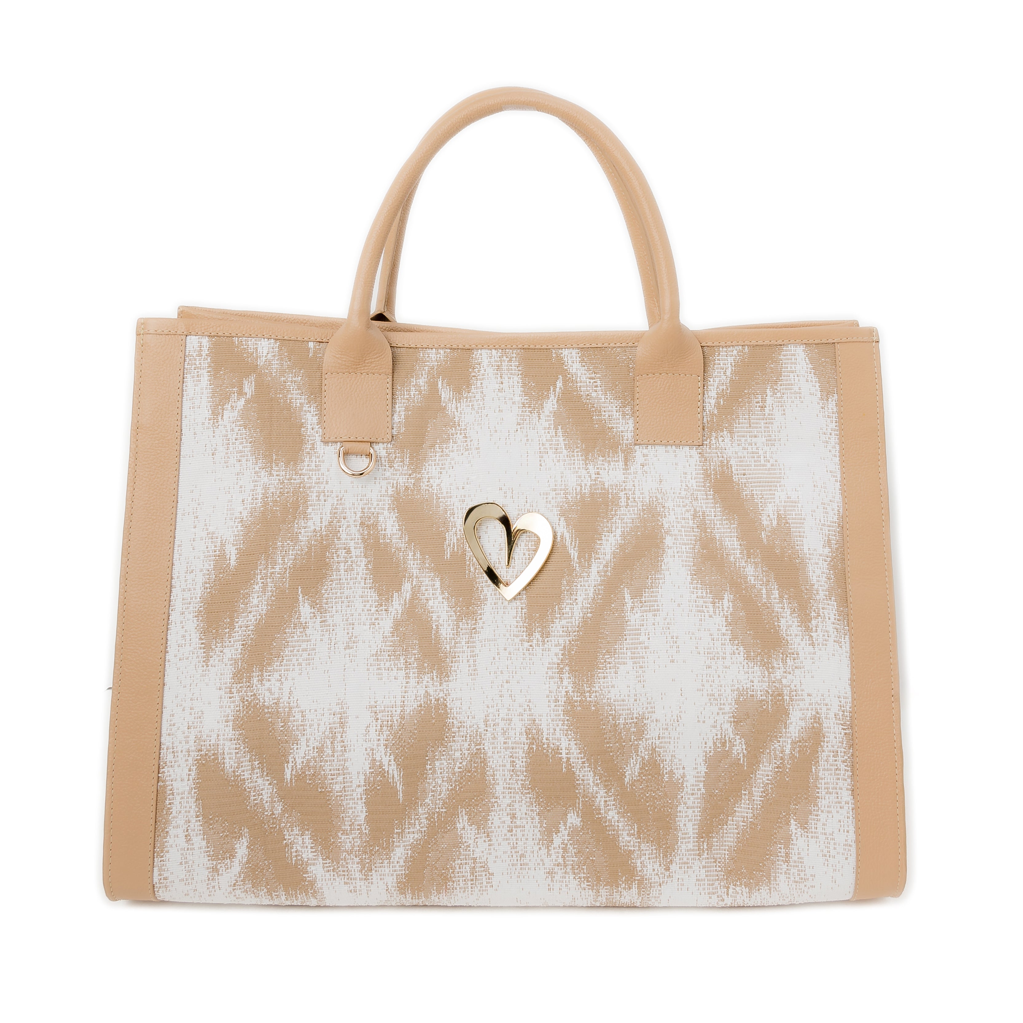 Sienna Beige Tote Bag by Nataly Mendez Genuine leather, Fabric lining, 16 x 12 x 7.5 inches (Length x Height x Width), Magnetic snap closure, Two inside pockets, Built in ring to attach a zippy coin, keychain or hand sanitizer Gold heart