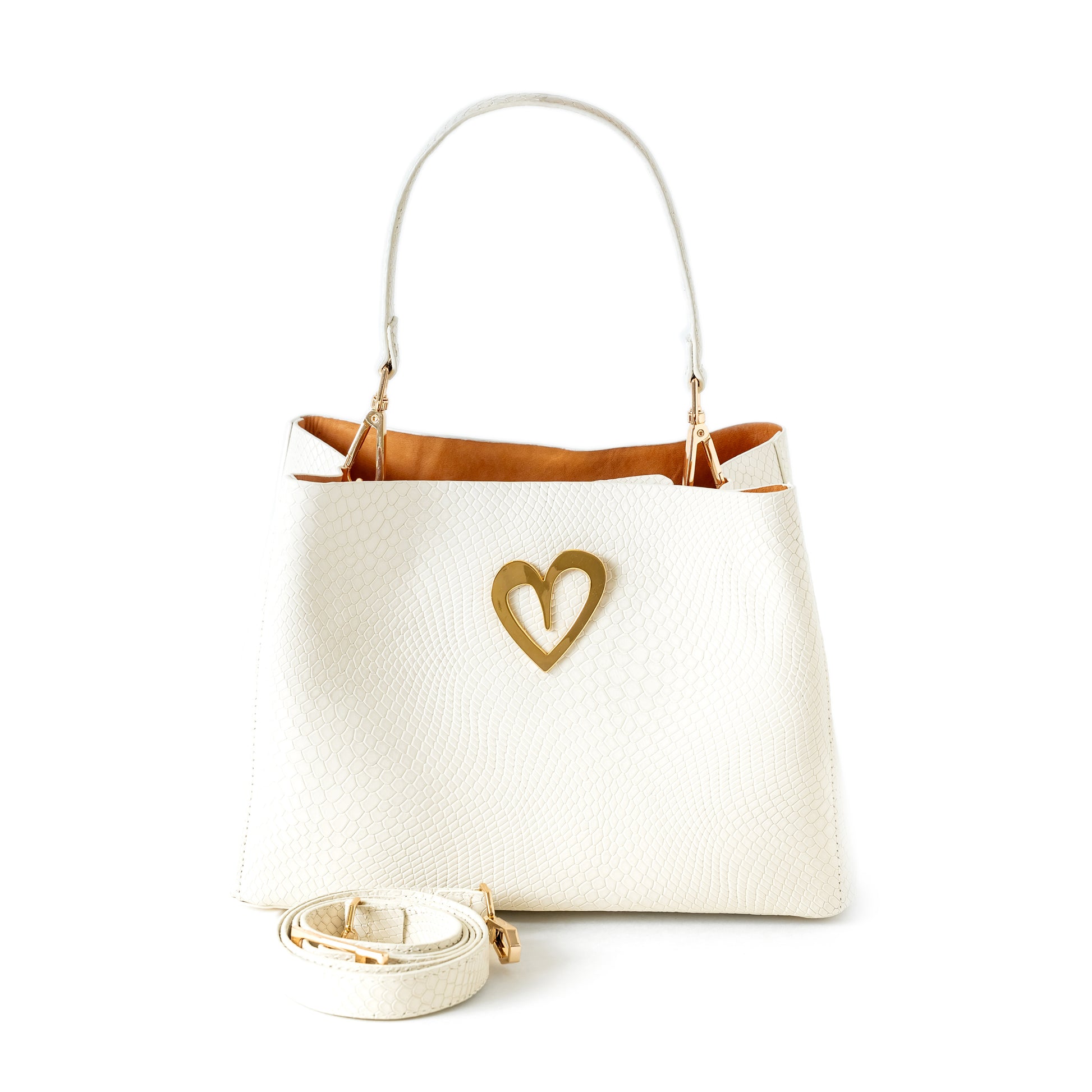 Theresa Dual Bag by Nataly Mendez Genuine Leather Adjustable 25 CM x 20 CM x 10 CM Gold Heart Incluye strap corto de mano y strap largo.
