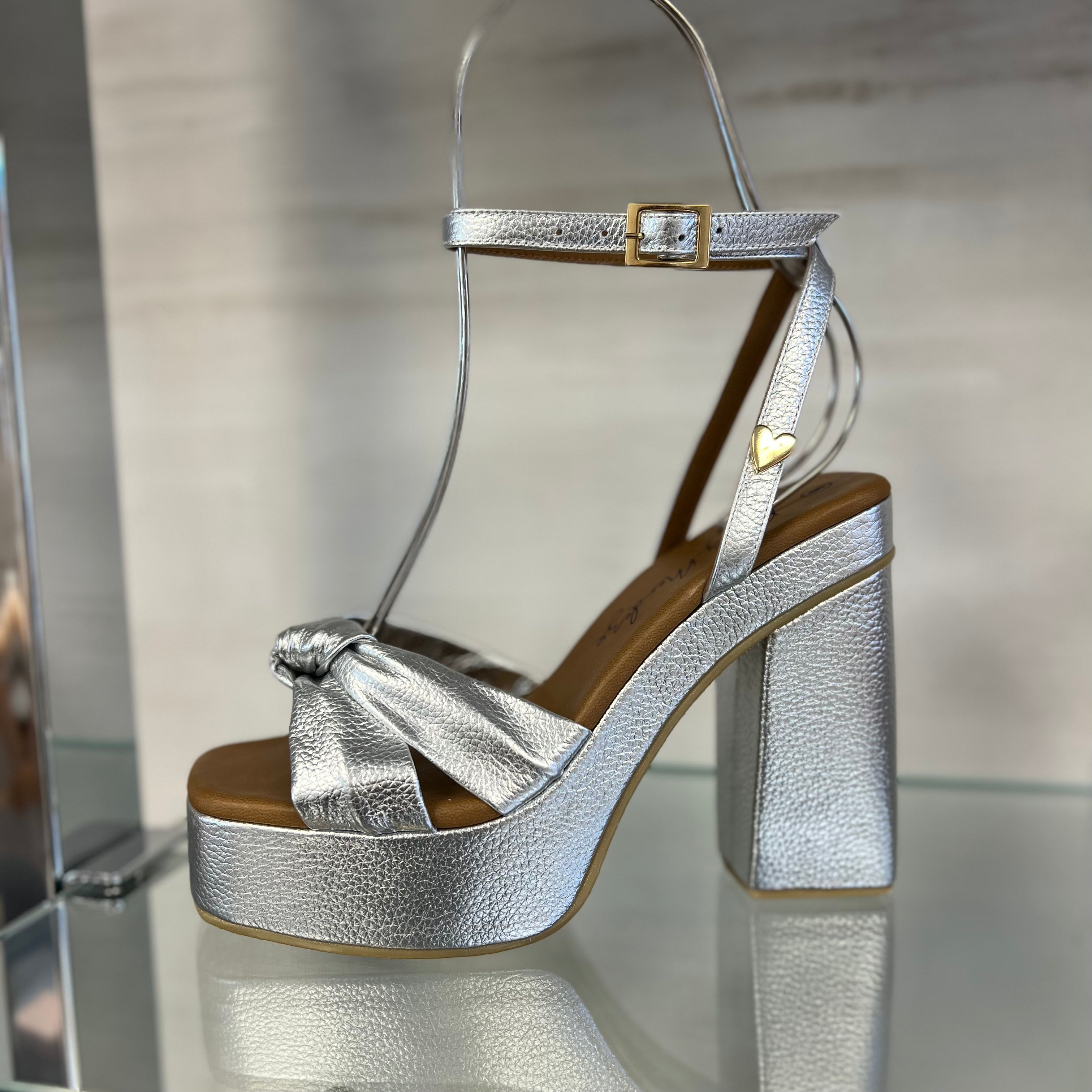 Simonette High Heels - Silver by Nataly Mendez, Genuine leather upper material Adjustable Insole made of leather Hand made 5 inch heel height 1.5 inch platform