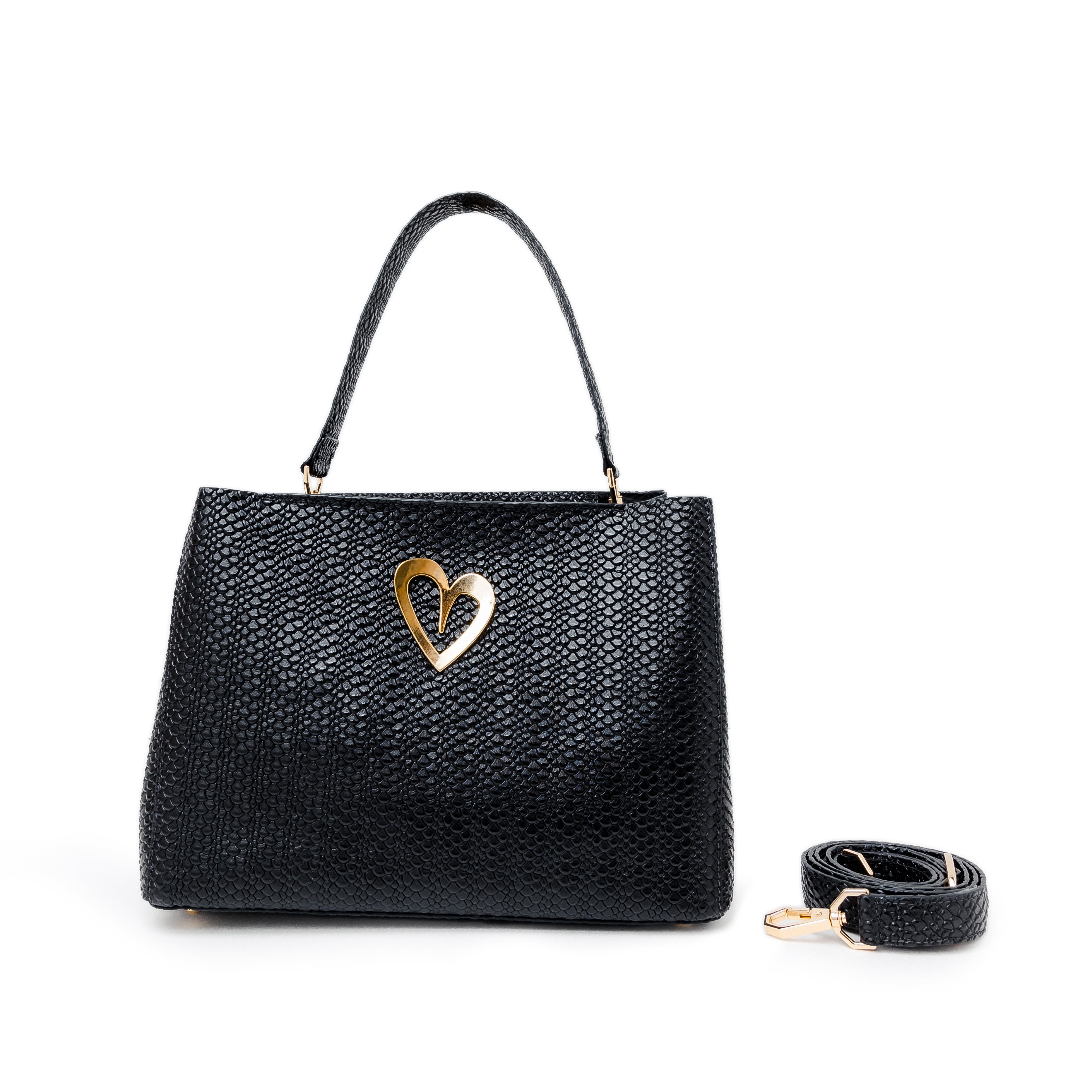 Theresa Dual Bag - Black by Nataly Mendez, Genuine Leather Adjustable 25 CM x 20 CM x 10 CM Gold Heart Incluye strap corto de mano y strap largo.