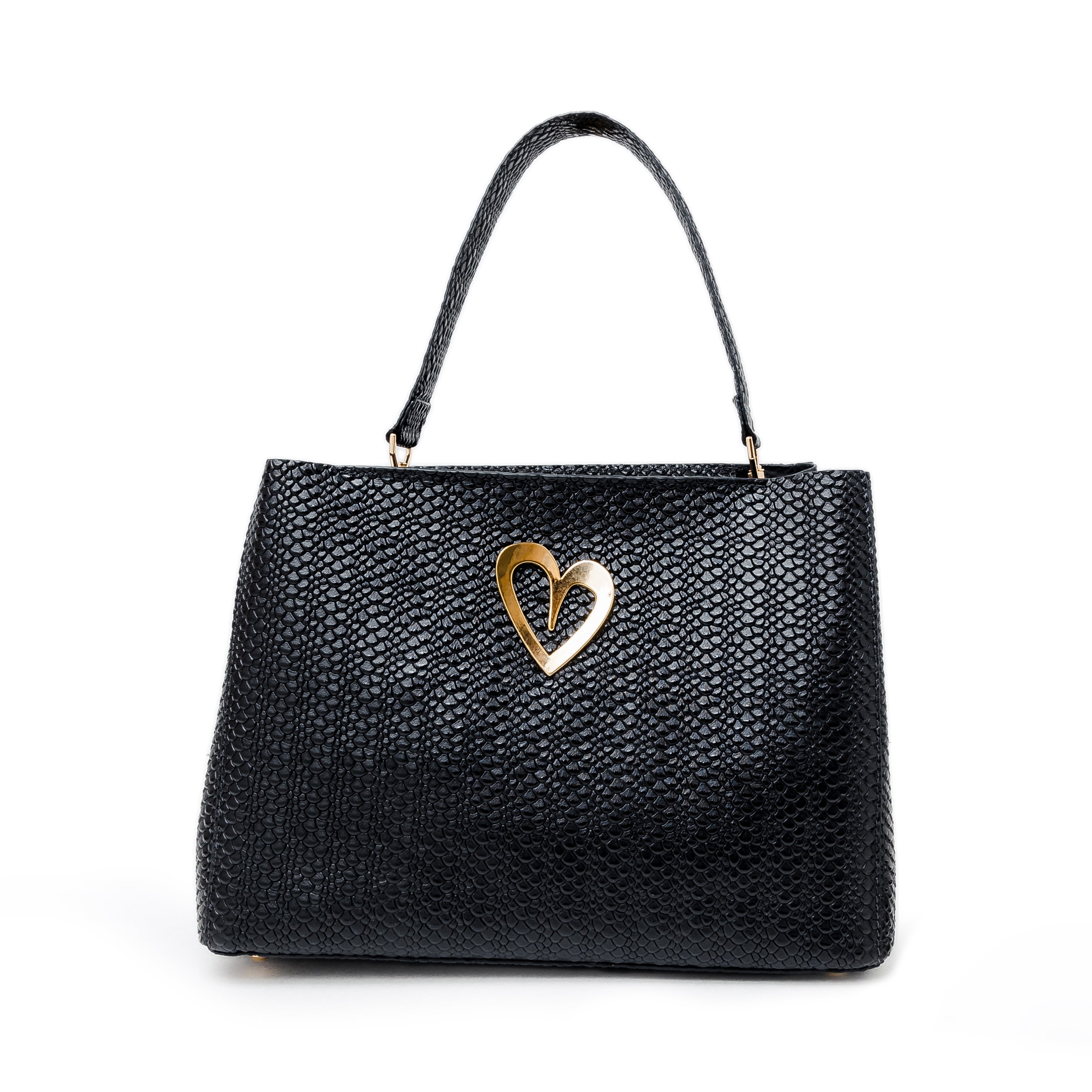 Theresa Dual Bag - Black by Nataly Mendez, Genuine Leather Adjustable 25 CM x 20 CM x 10 CM Gold Heart Incluye strap corto de mano y strap largo.