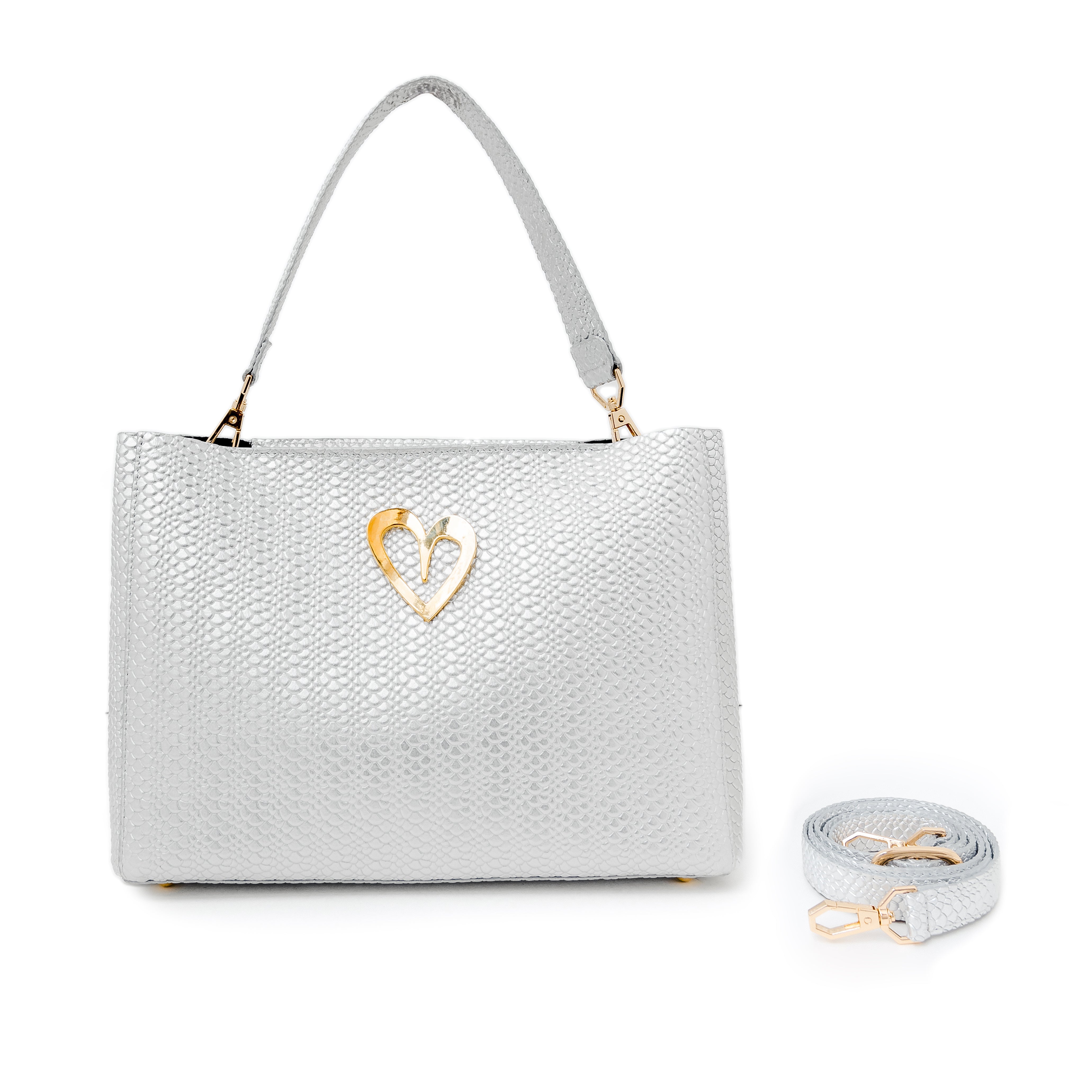 Theresa Dual Bag - Silver by Nataly Mendez, Genuine Leather Adjustable Drop in top zip closure 25 CM x 20 CM x 10 CM Gold Heart Incluye strap corto de mano y strap largo.