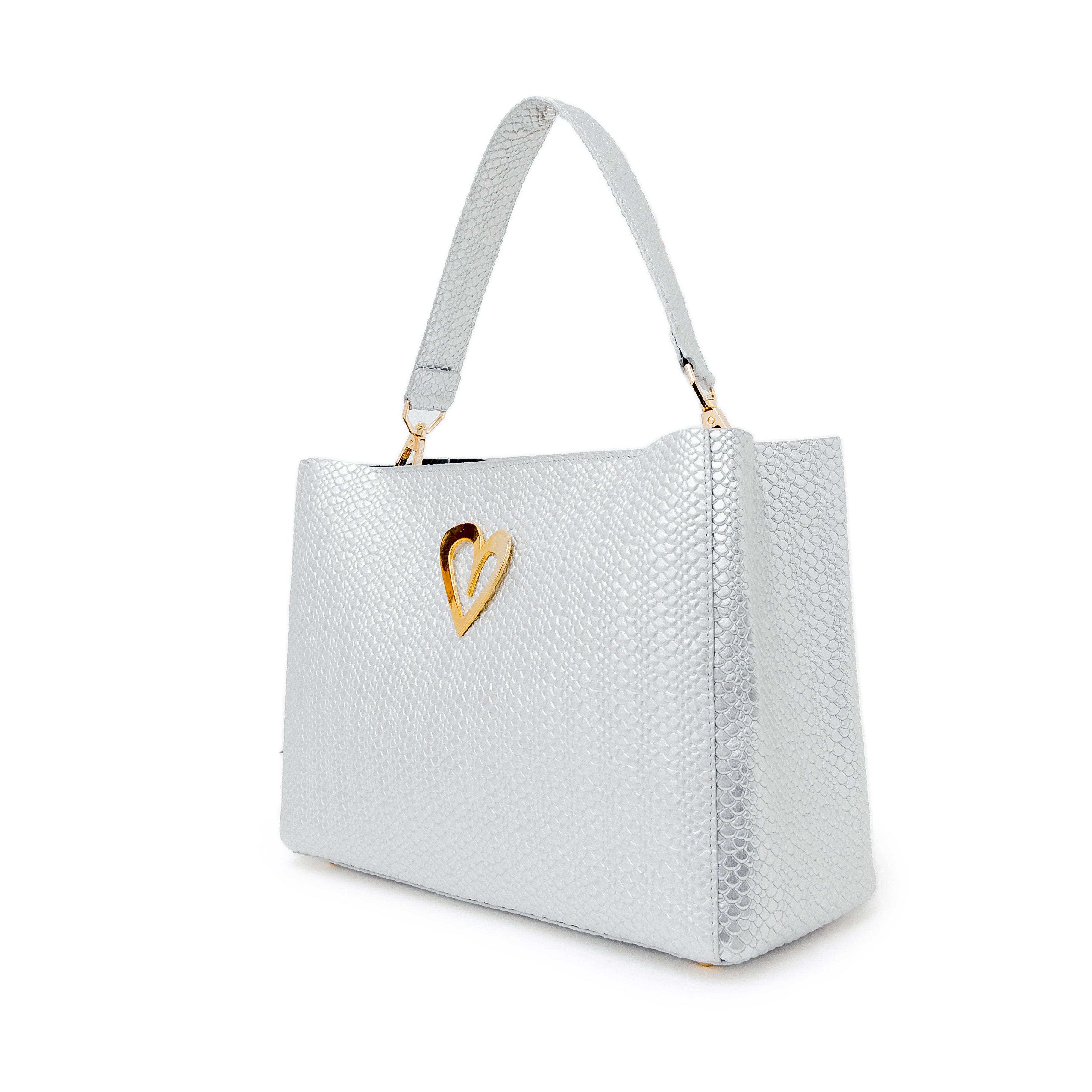 Theresa Dual Bag - Silver by Nataly Mendez, Genuine Leather Adjustable Drop in top zip closure 25 CM x 20 CM x 10 CM Gold Heart Incluye strap corto de mano y strap largo.