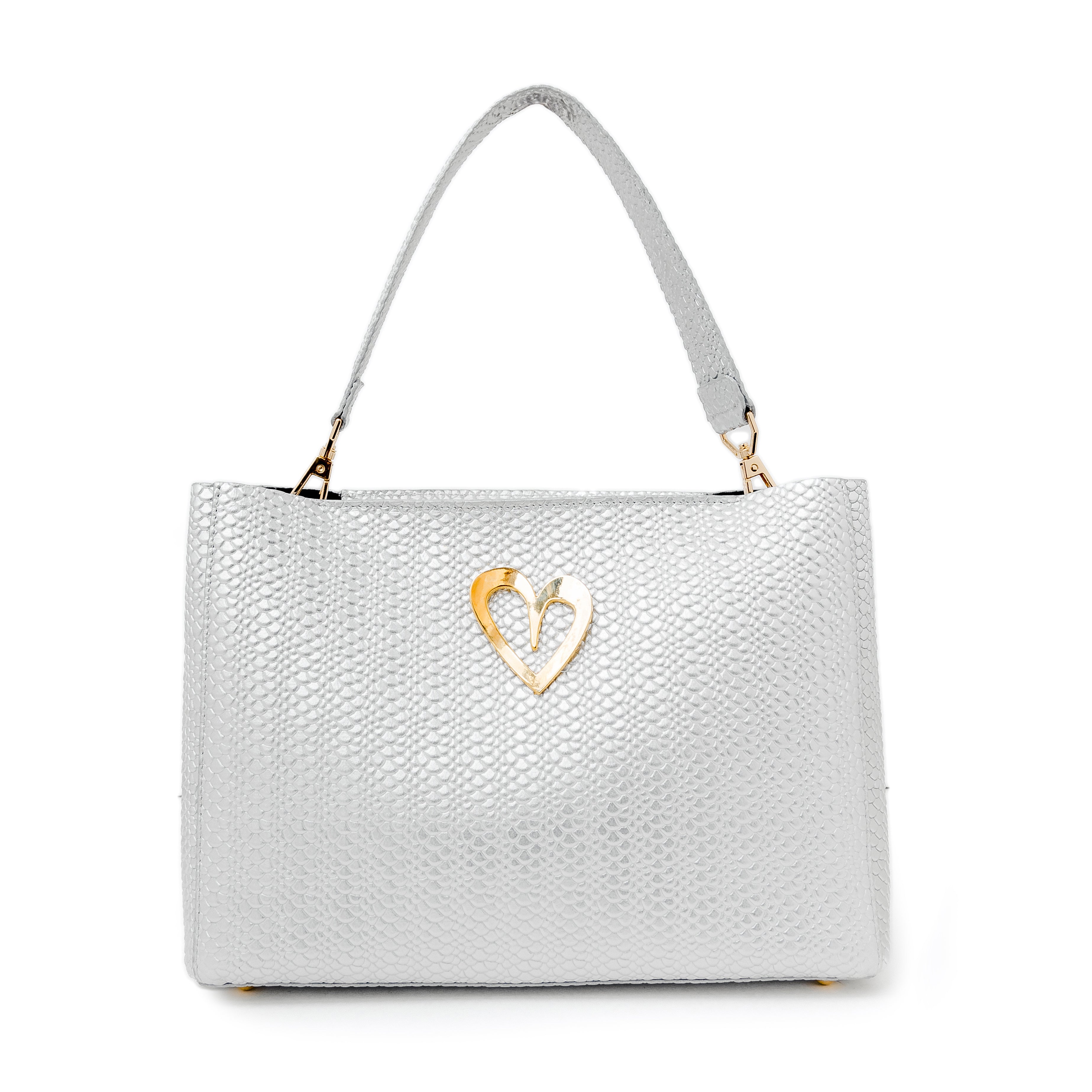 Theresa Dual Bag - Silver by Nataly Mendez, Genuine Leather Adjustable Drop in top zip closure 25 CM x 20 CM x 10 CM Gold Heart Incluye strap corto de mano y strap largo.