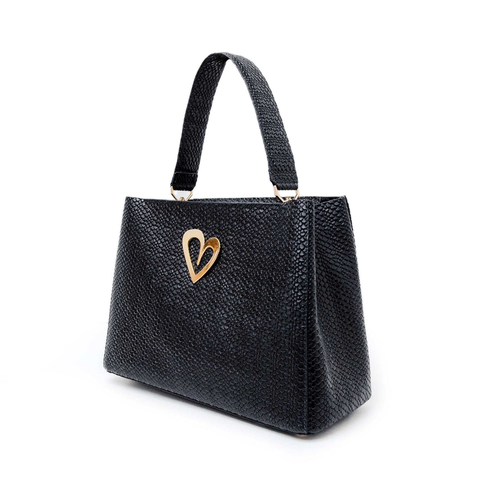 Theresa Dual Bag - Black by Nataly Mendez, Genuine Leather Adjustable 25 CM x 20 CM x 10 CM Gold Heart Incluye strap corto de mano y strap largo.