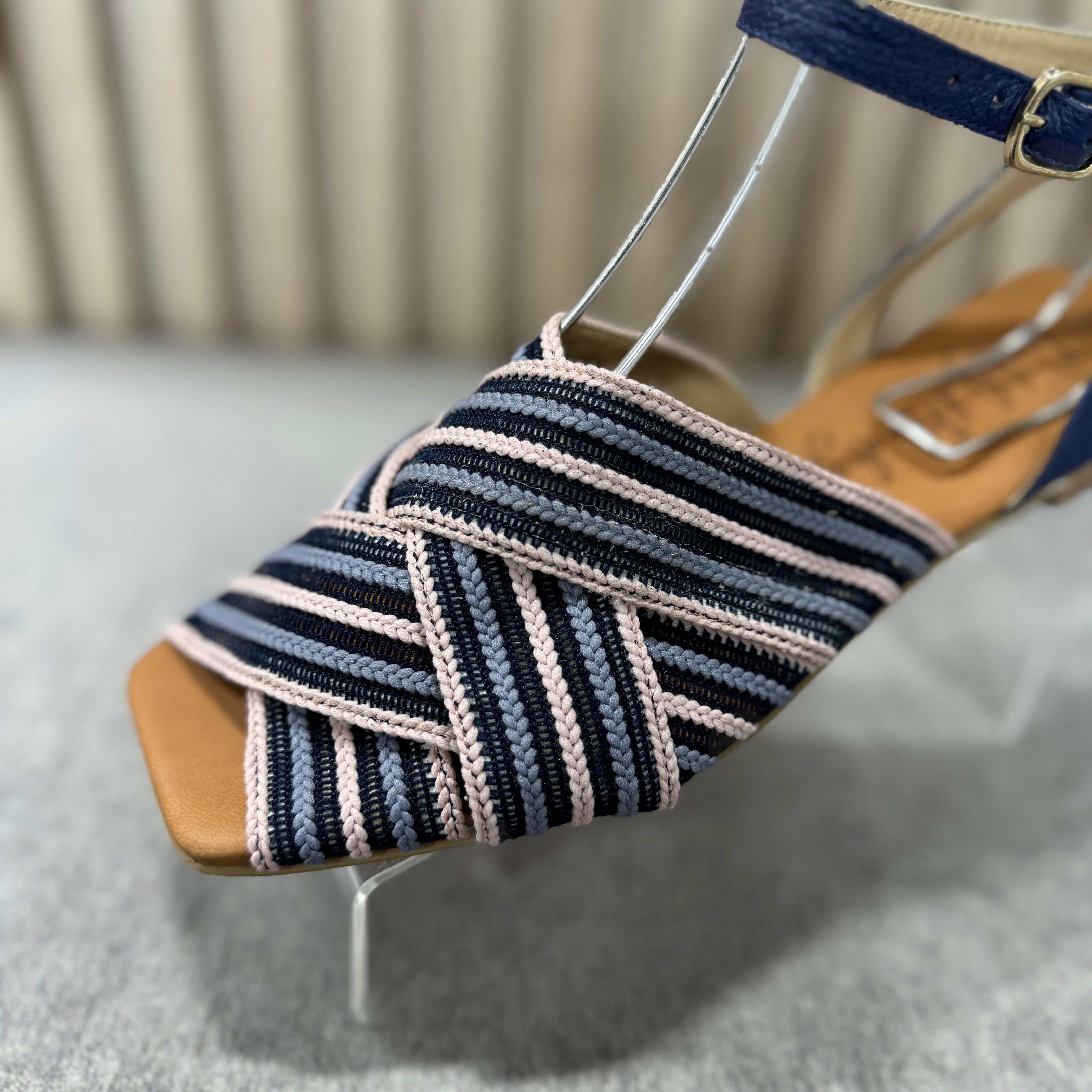 Veronica Flats Sandals - Blue by Nataly Mendez, Upper part with handcrafted woven fabric covered on the back with leather. Genuine leather lining Flexible rubber sole Heel height .5 cm Handmade