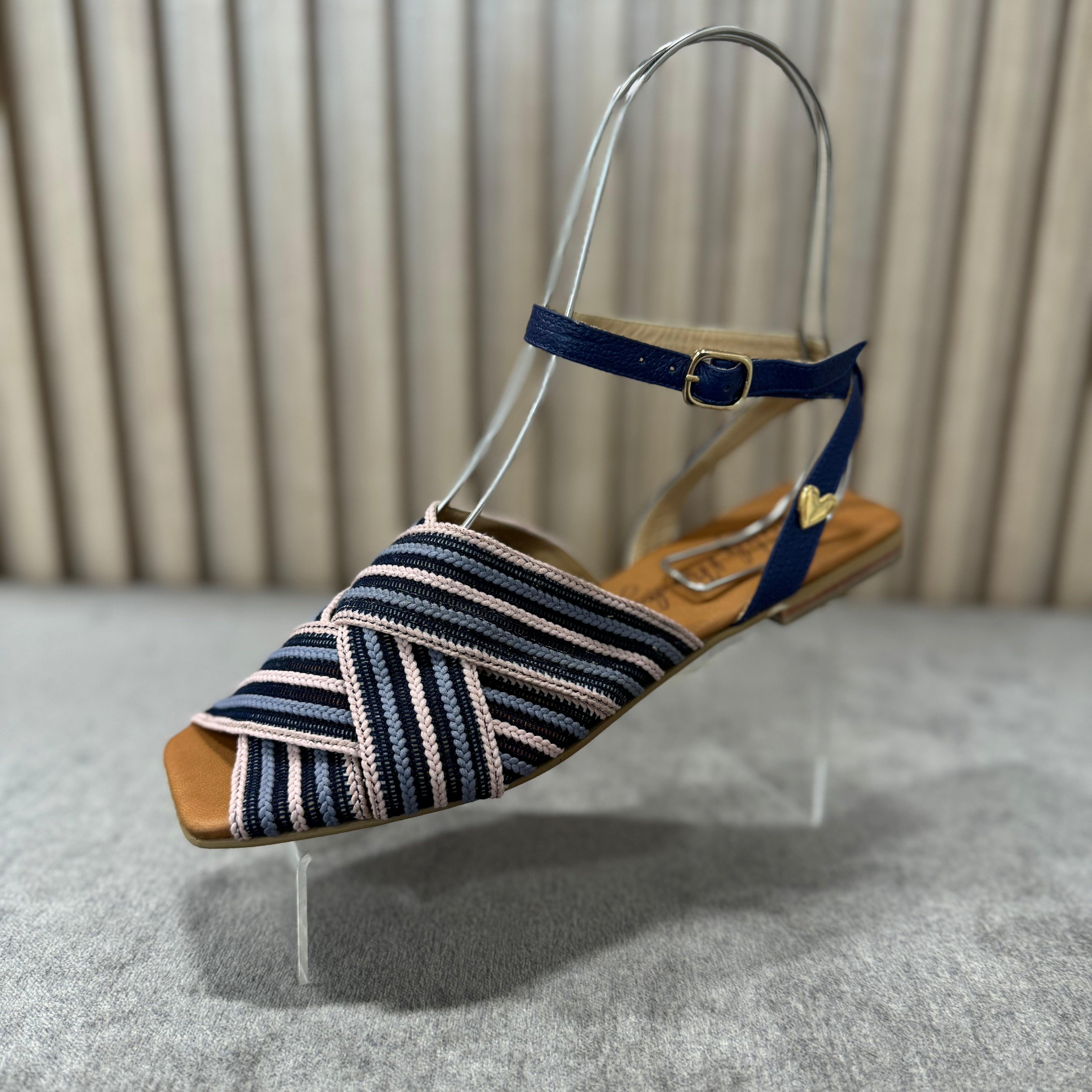 Veronica Flats Sandals - Blue by Nataly Mendez, Upper part with handcrafted woven fabric covered on the back with leather. Genuine leather lining Flexible rubber sole Heel height .5 cm Handmade