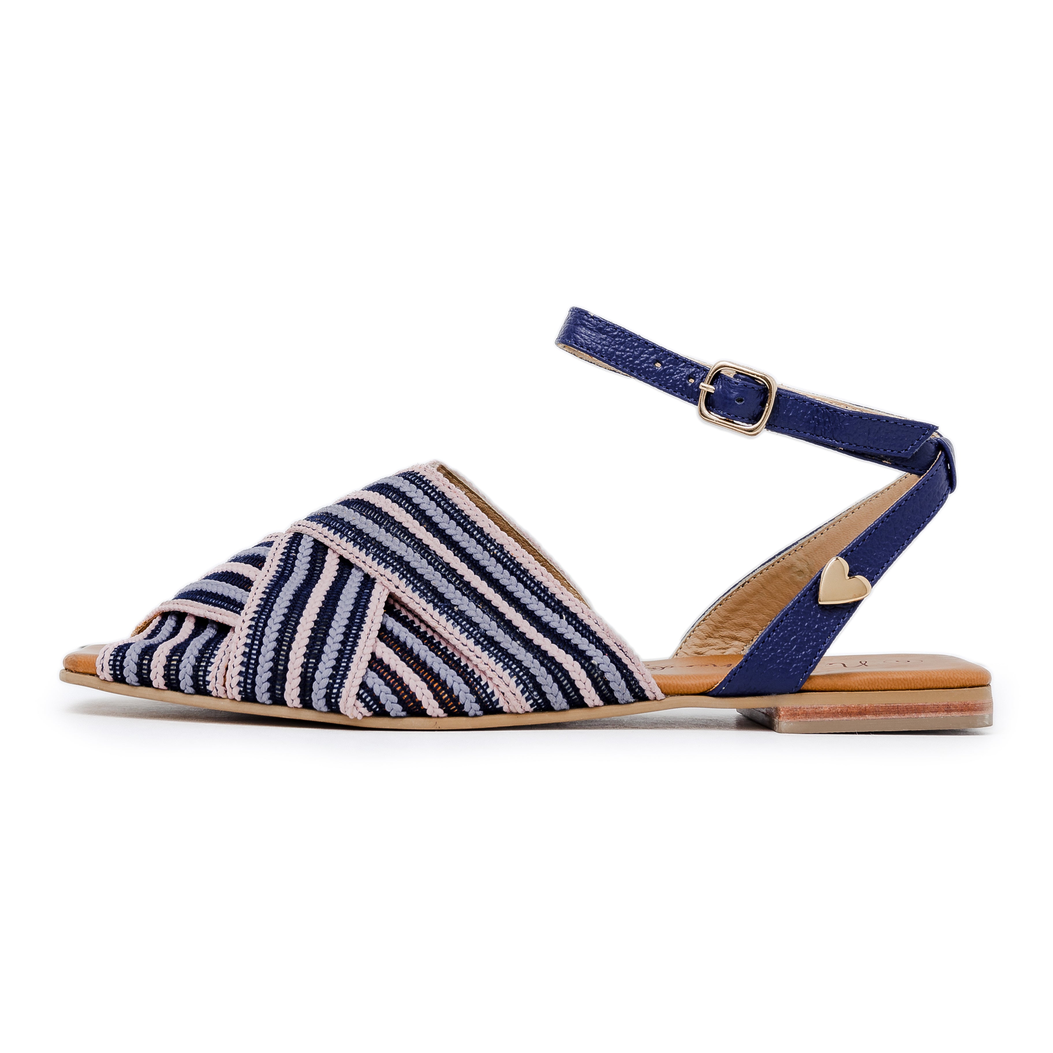 Veronica Flats Sandals - Blue by Nataly Mendez, Upper part with handcrafted woven fabric covered on the back with leather. Genuine leather lining Flexible rubber sole Heel height .5 cm Handmade