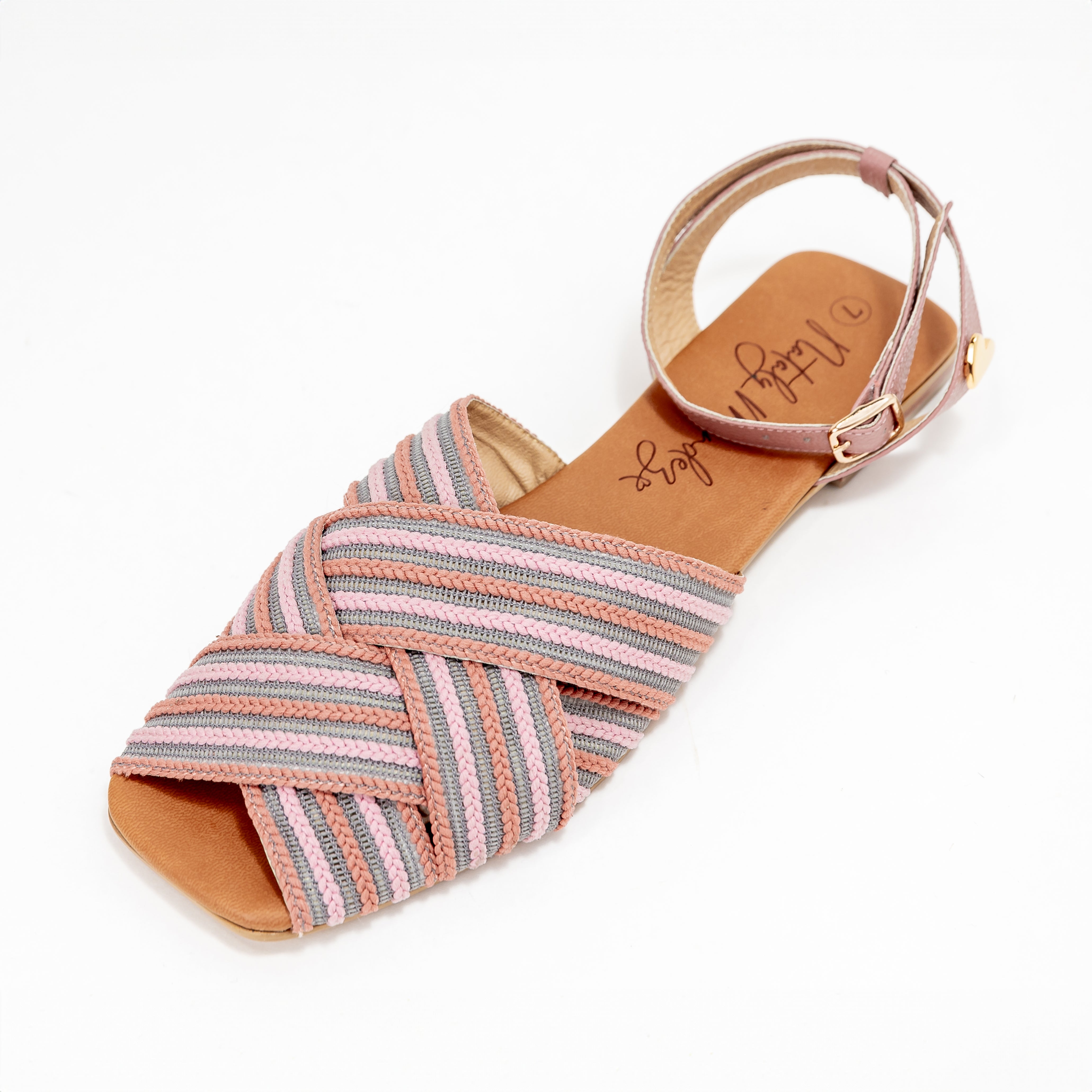 Veronica Flats Sandals - Pink by Nataly Mendez, Upper part with handcrafted woven fabric covered on the back with leather. Genuine leather lining Flexible rubber sole Heel height .5 cm Handmade