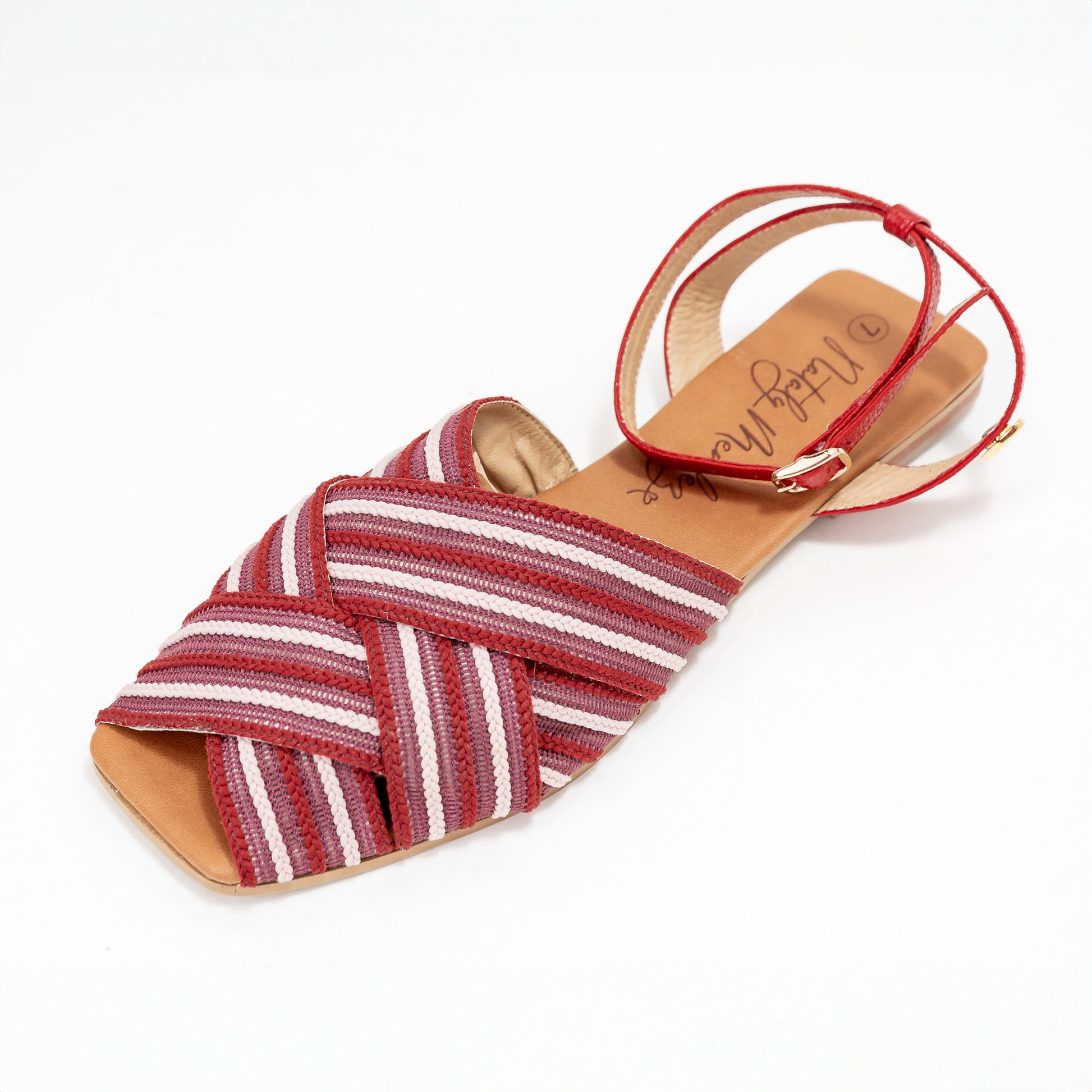 Veronica Flats Sandals - Red Wine by Nataly Mendez, Upper part with handcrafted woven fabric covered on the back with leather. Genuine leather lining Flexible rubber sole Heel height .5 cm Handmade