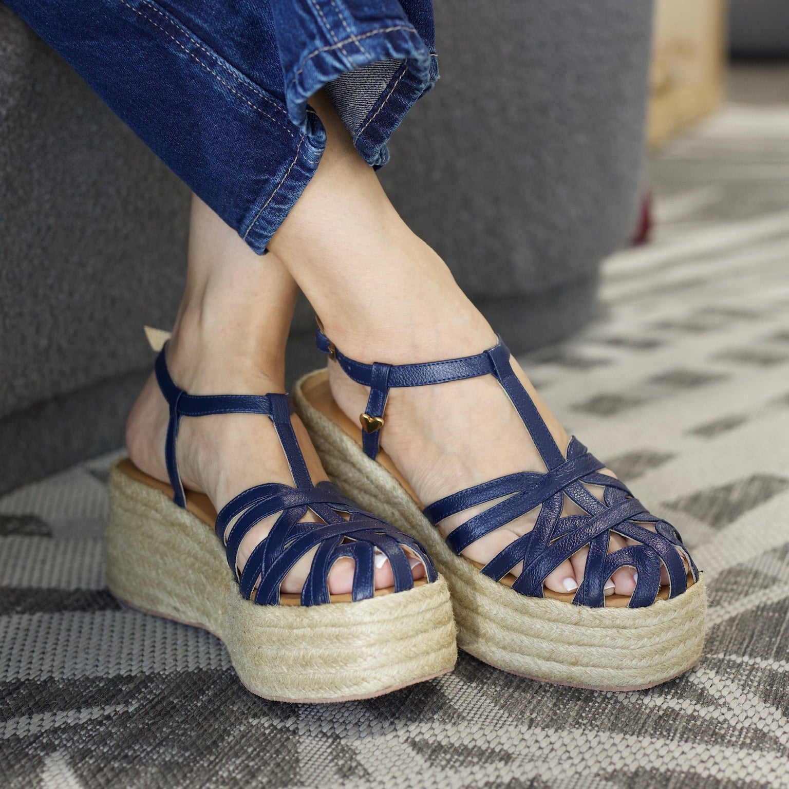 Yarah Espadrilles - Blue by Nataly Mendez, Genuine leather upper material, Genuine leather insole lining, Flexible rubber sole, Handmade, 2.5 inch high heel, 1.5 inch platform