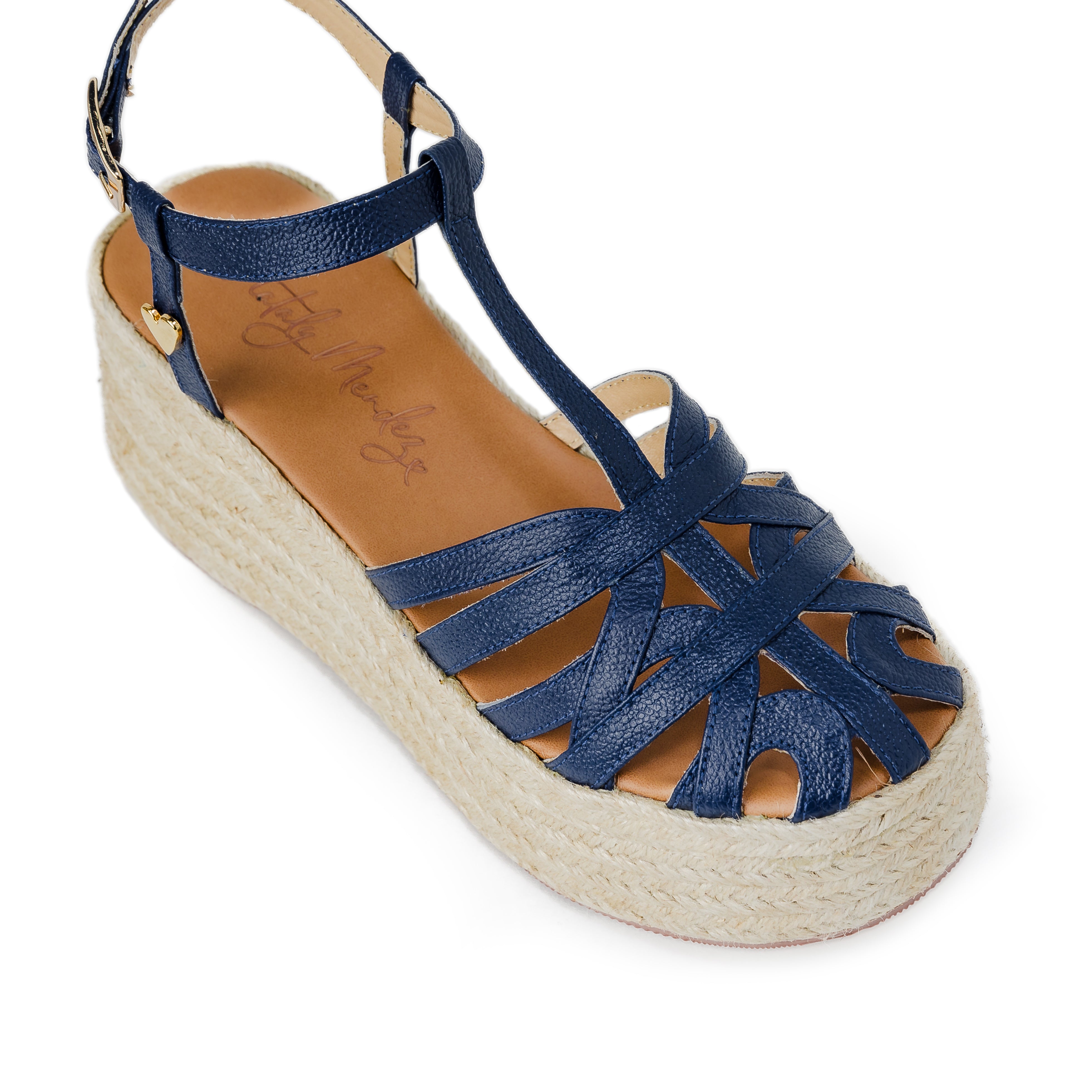 Yarah Espadrilles - Blue by Nataly Mendez, Genuine leather upper material, Genuine leather insole lining, Flexible rubber sole, Handmade, 2.5 inch high heel, 1.5 inch platform