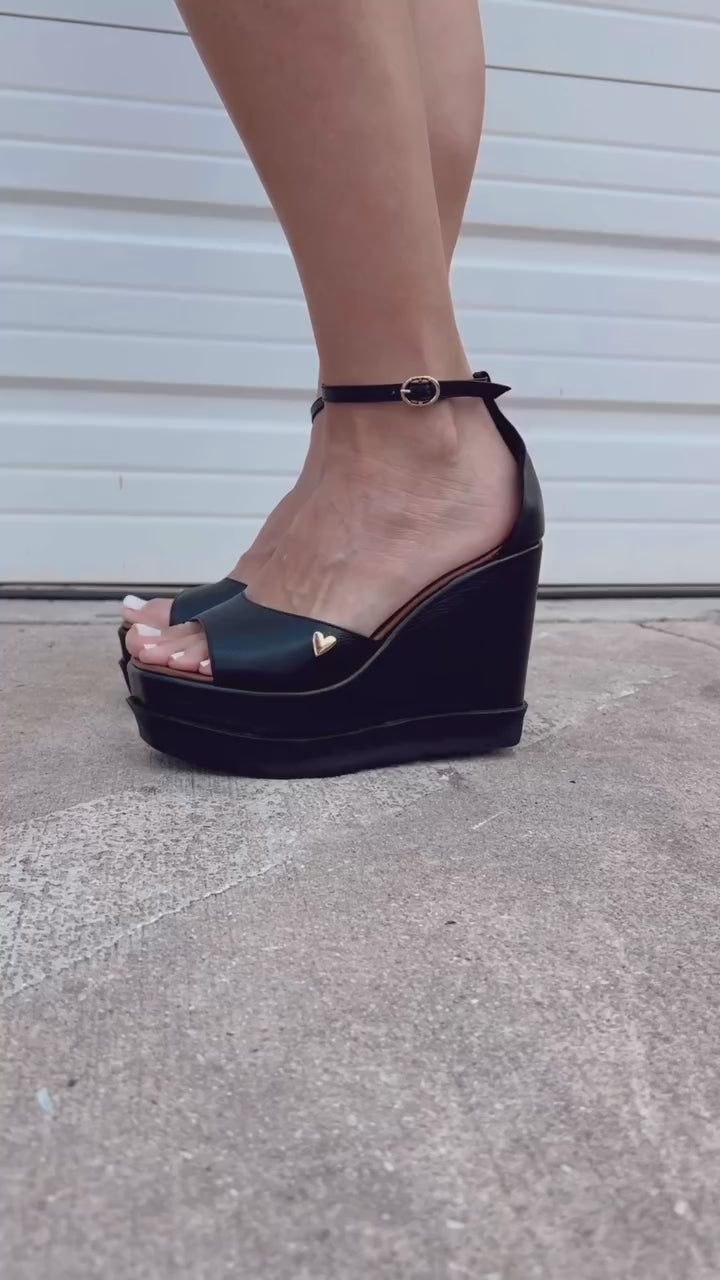 Esther Sandals - Black by Nataly Mendez, Genuine leather upper material Genuine leather insole lining Square toe Crisp black rubber sole Handmade 4.5 inch high heel 1.5 inch platform