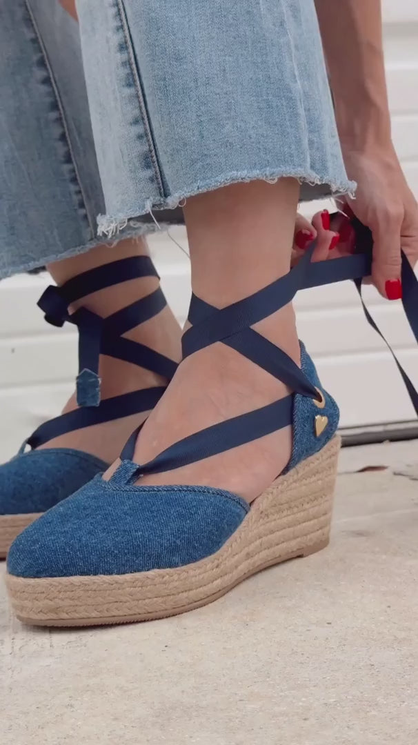 Patrizia Espadrilles - Denim Low High by Nataly Mendez, Denim upper material Lace-up style Flexible rubber sole Handmade 2.85 inch high heel 1.10 inch platform