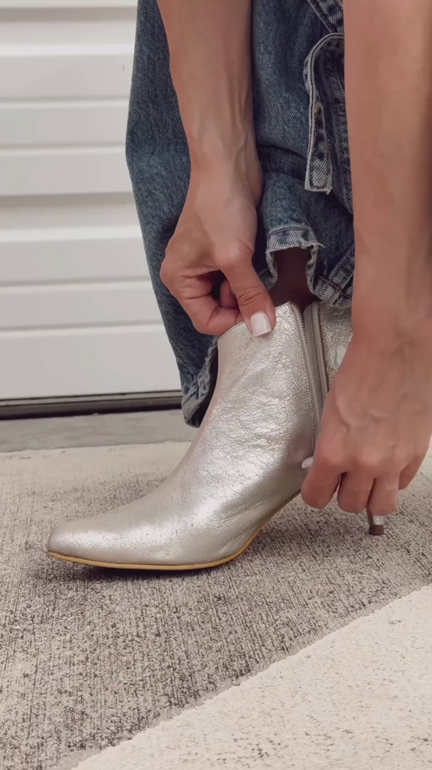 Hash Booties - Silver by Nataly Mendez, Genuine Leather upper Insole made of leather Zipper closure at side Ankle boot Hand made 2.5 inch heel height 4 inch shaft height 9.5 inch shaft circumference