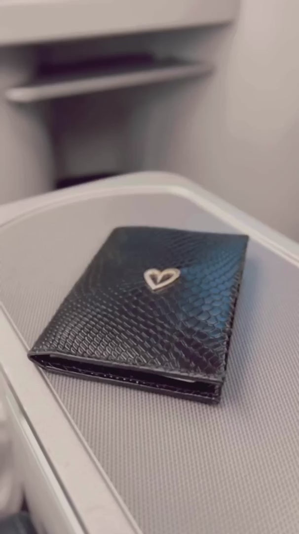 Passport Holder - Black by Nataly Mendez, Genuine Leather Two cards slot Gold Heart