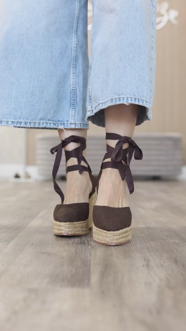 Madison Espadrilles - Brown by Nataly Mendez, Natural jute base
Soft fabric upper, Genuine leather insole, 4.5 inch heel height
1.3 inch platform, Comes with strap closure and beige hiladilla laces.