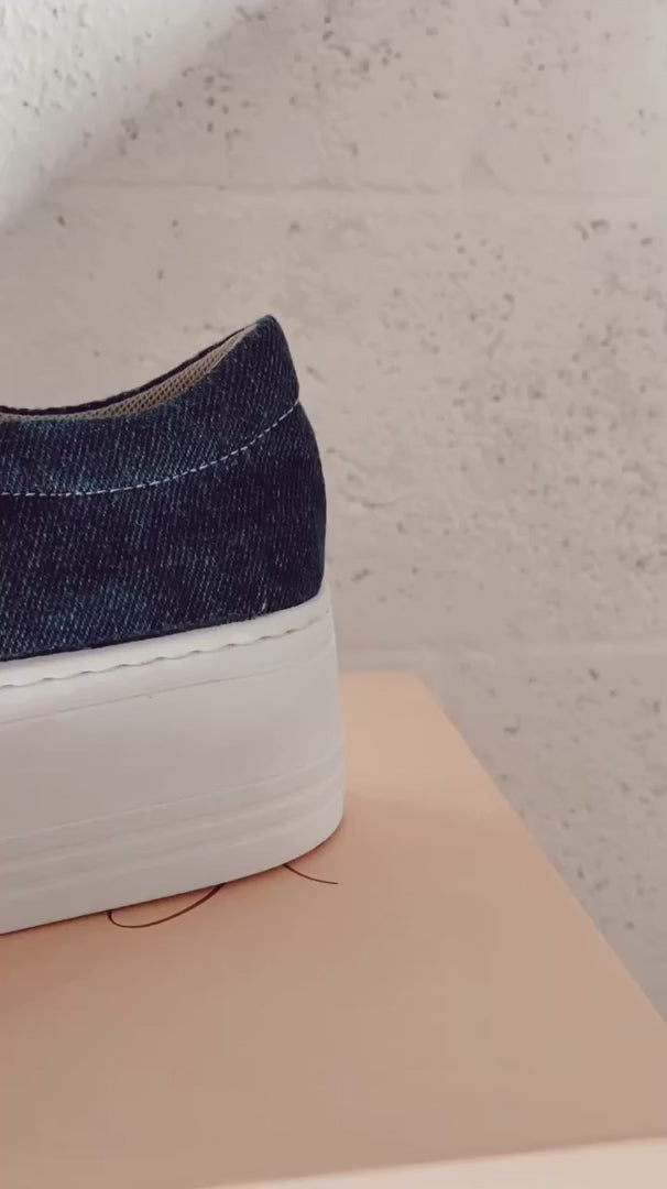 Hannan Sneakers - Denim by Nataly Mendez, Denim material Genuine leather insole lining Rubber platform lining Flexible rubber outsole Handmade 1.75 inch heel height 1 inch platform