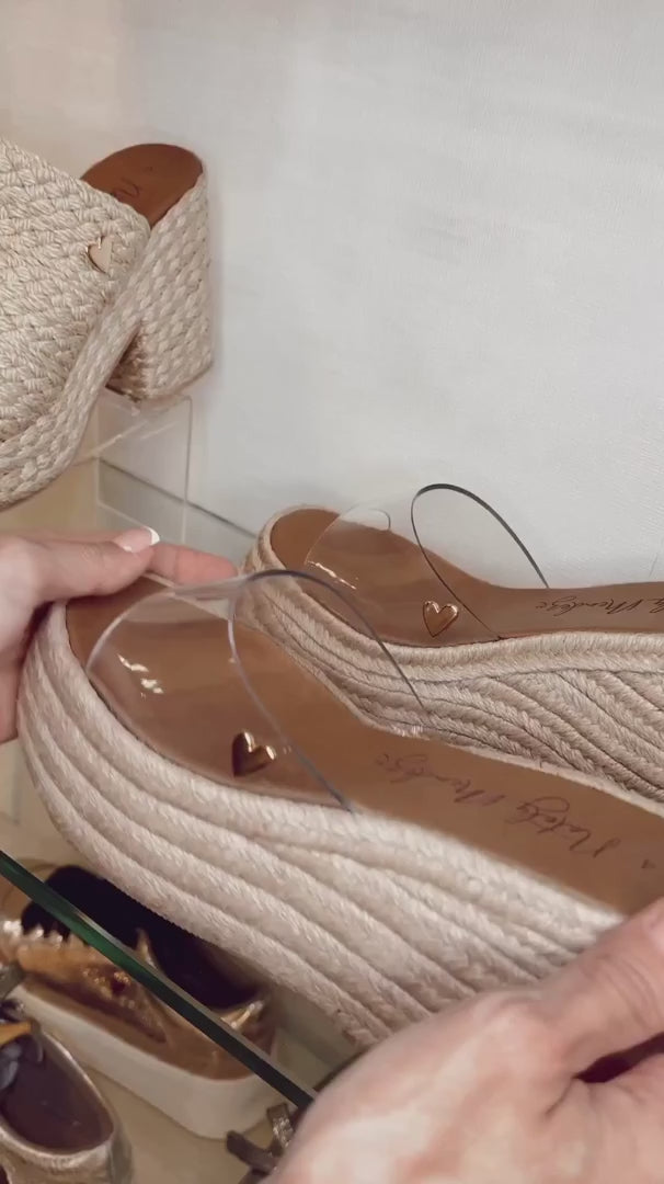 Emma Clear Espadrilles by Nataly Mendez, Squared tip Vinyl upper material Genuine leather insole lining Flexible rubber sole Handmade 4.5 inch high heel 2.4 inch platform