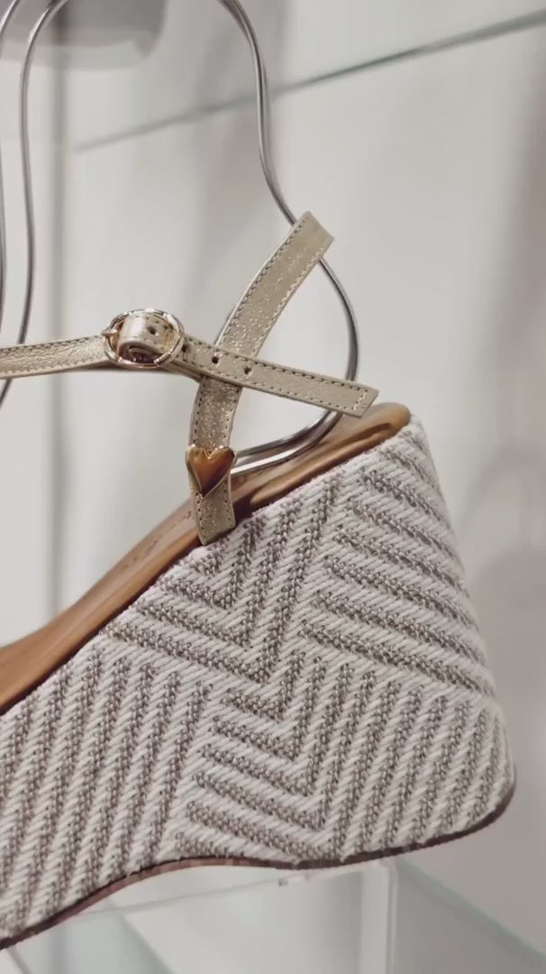 Olivia Gold Stripes Sandals by Nataly Mendez, Squared tip Genuine leather;upper material Fabric Lined Platform Genuine leather insole lining Flexible rubber sole Handmade 4 inch high heel 2 inch platform