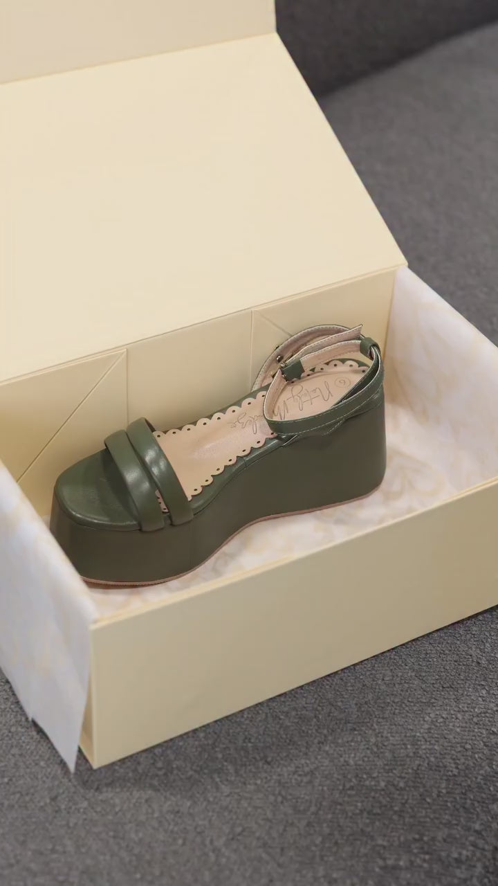Reese Sandals - Green by Nataly Mendez, Genuine leather upper material, Leather insole lining, 2.75 inch heel height, 2.2 inch platform