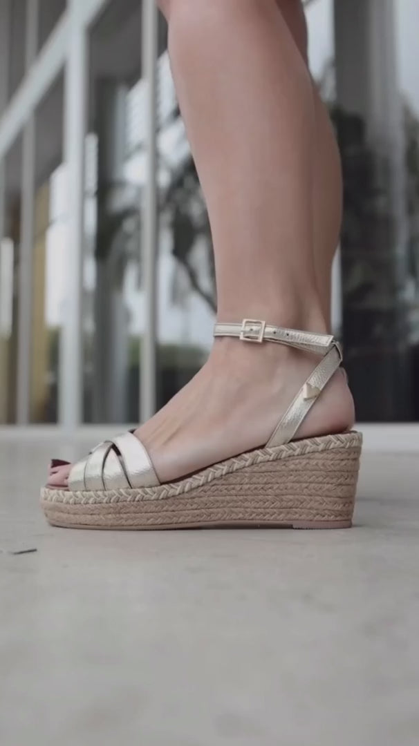 Claudine Sandals Gold - Low High by Nataly Mendez, Genuine Leather upper material Genuine leather insole lining Flexible rubber sole Handmade 2.8 inch high heel 1.10 inch platform